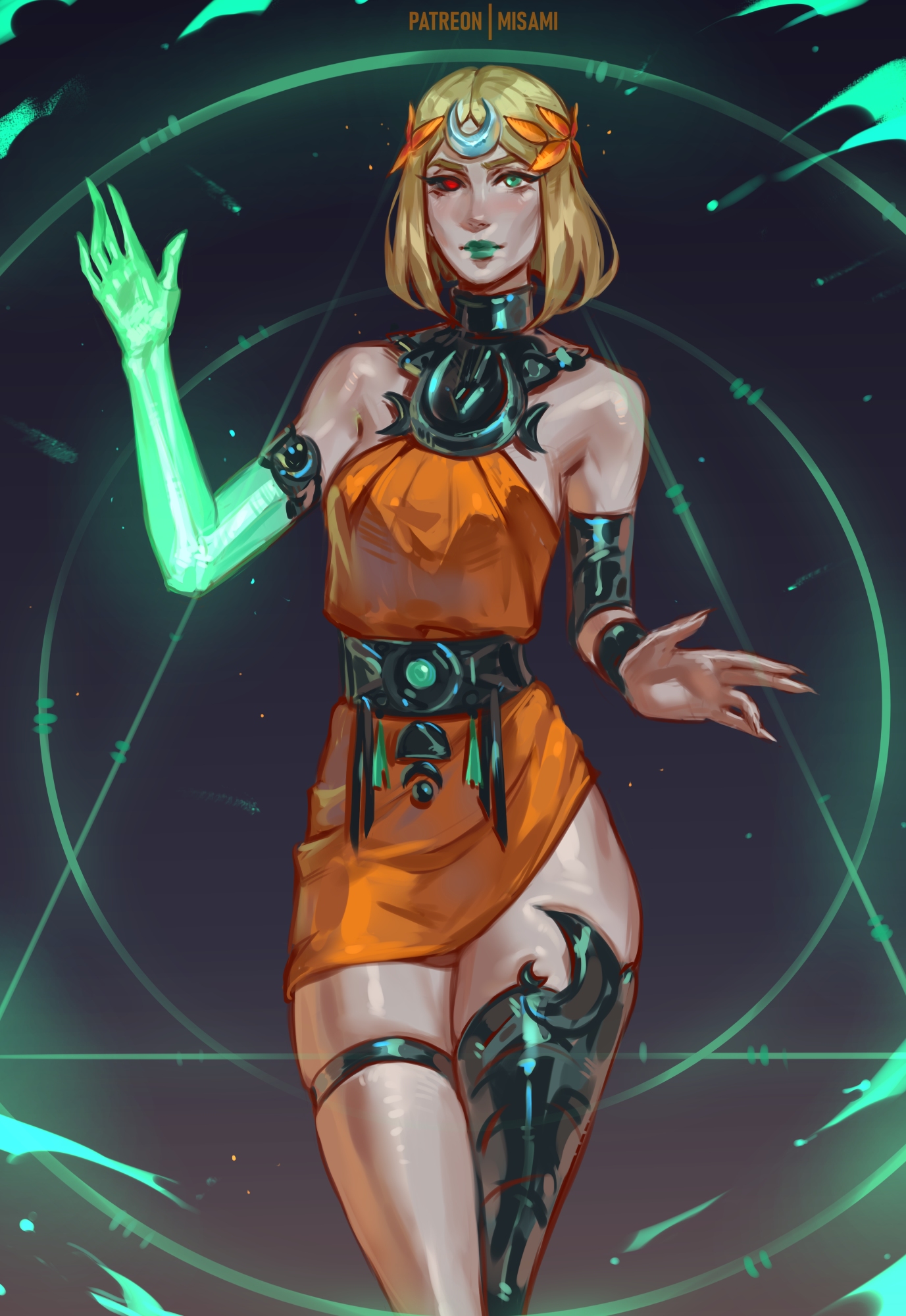 misa mi, melinoe (hades), hades (series), hades 2, highres, 1girl, asymmetrical arms, black sclera, blonde hair, colored sclera, dress, glowing arm, greco-roman clothes, green arm, green eyes, green lips, heterochromia, laurel crown, looking at viewer, mismatched sclera, orange dress, red eyes, see-through body, short hair, single thighhigh, solo, thigh strap, thighhighs