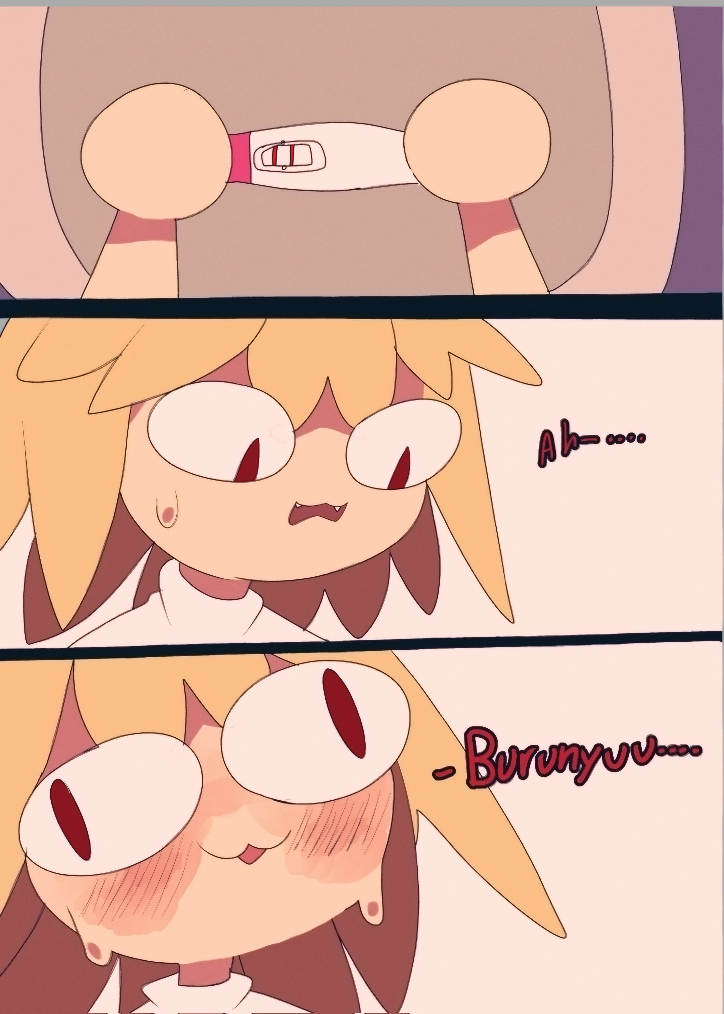 weeze, neco-arc, melty blood, tsukihime, absurdres, commentary, english commentary, highres, 1girl, :3, blonde hair, blush, english text, holding, holding pregnancy test, open mouth, pregnancy test