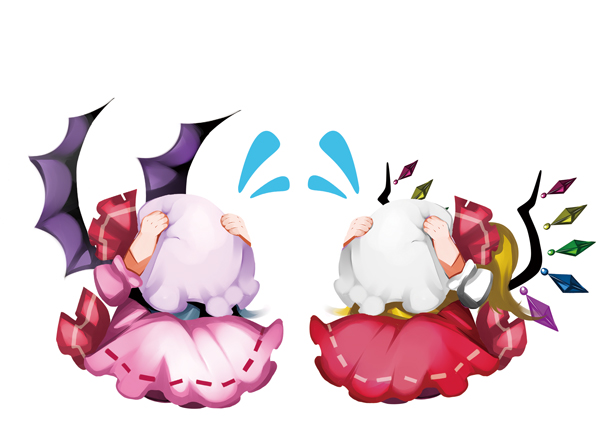 tetsubuta, flandre scarlet, remilia scarlet, touhou, bad id, bad pixiv id, 2girls, bat wings, blonde hair, blue hair, cowering, female focus, flying sweatdrops, hat, multiple girls, ponytail, short hair, siblings, side ponytail, sisters, squatting, wings