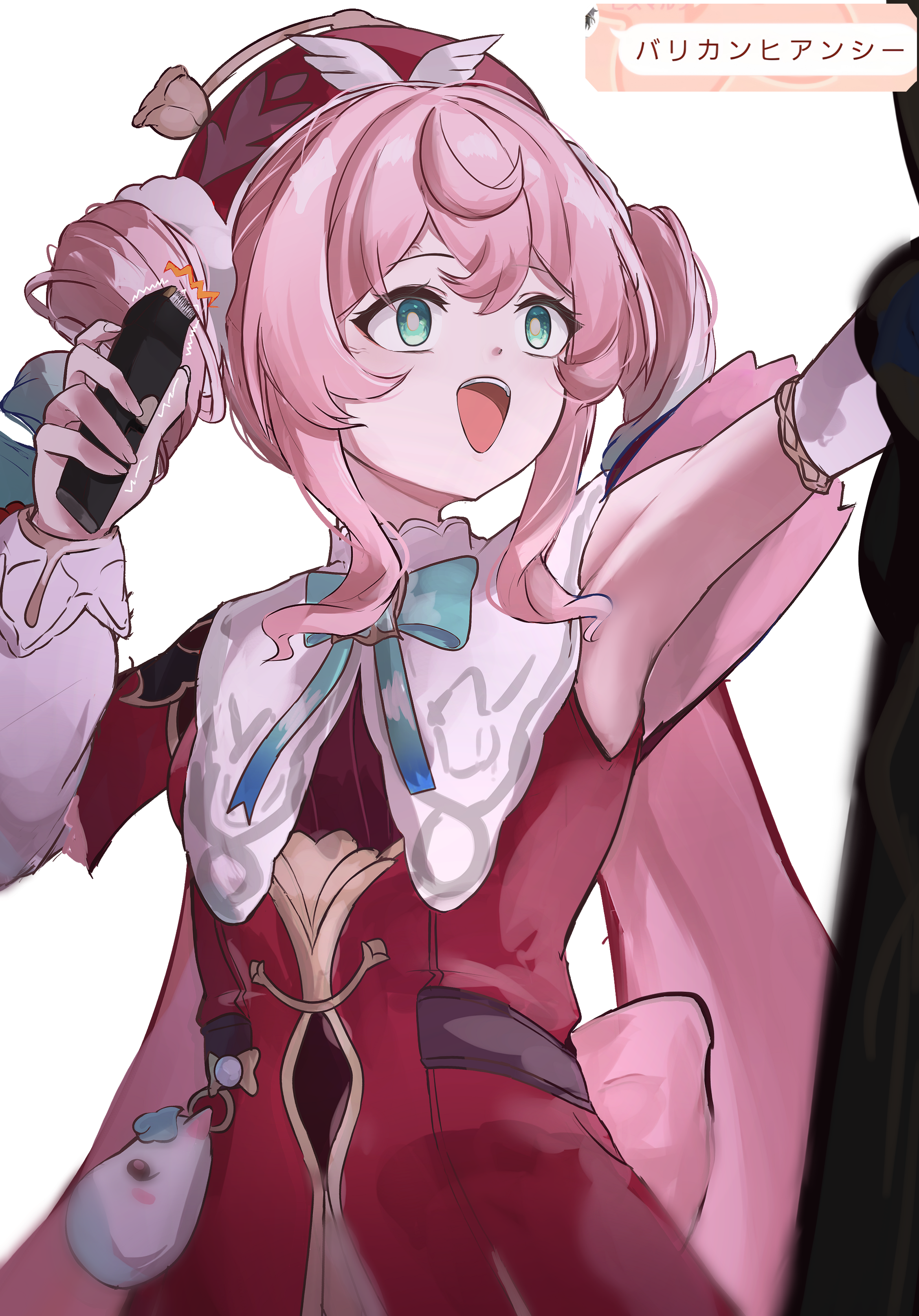 wimawi, hyacine (honkai: star rail), honkai: star rail, honkai (series), absurdres, commentary request, highres, translation request, 1girl, :d, armpits, bow, detached sleeves, dress, electric razor, empty eyes, green eyes, hat, holding, holding razor, open mouth, pink hair, razor, red dress, red hat, simple background, smile, upper body, white background, white sleeves