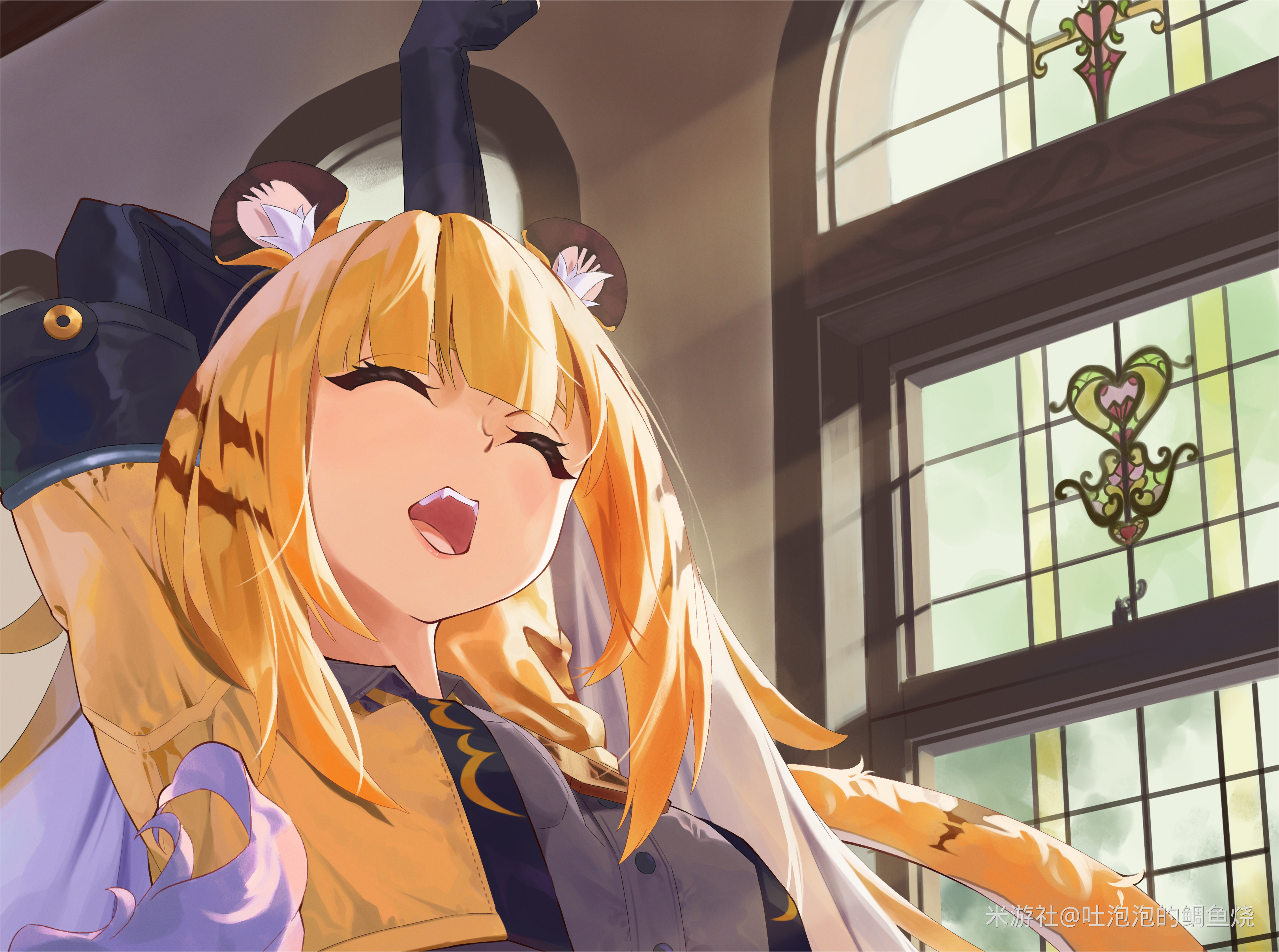 tu pao diao yu shao, ju fufu, zenless zone zero, absurdres, commentary request, highres, 1girl, animal ear fluff, animal ears, arms up, blonde hair, closed eyes, colored inner hair, grey shirt, indoors, jacket, long hair, multicolored hair, open mouth, orange fur, shirt, solo, stretching, striped fur, striped hair, tail, tiger ears, tiger girl, tiger stripes, tiger tail, window, yellow jacket