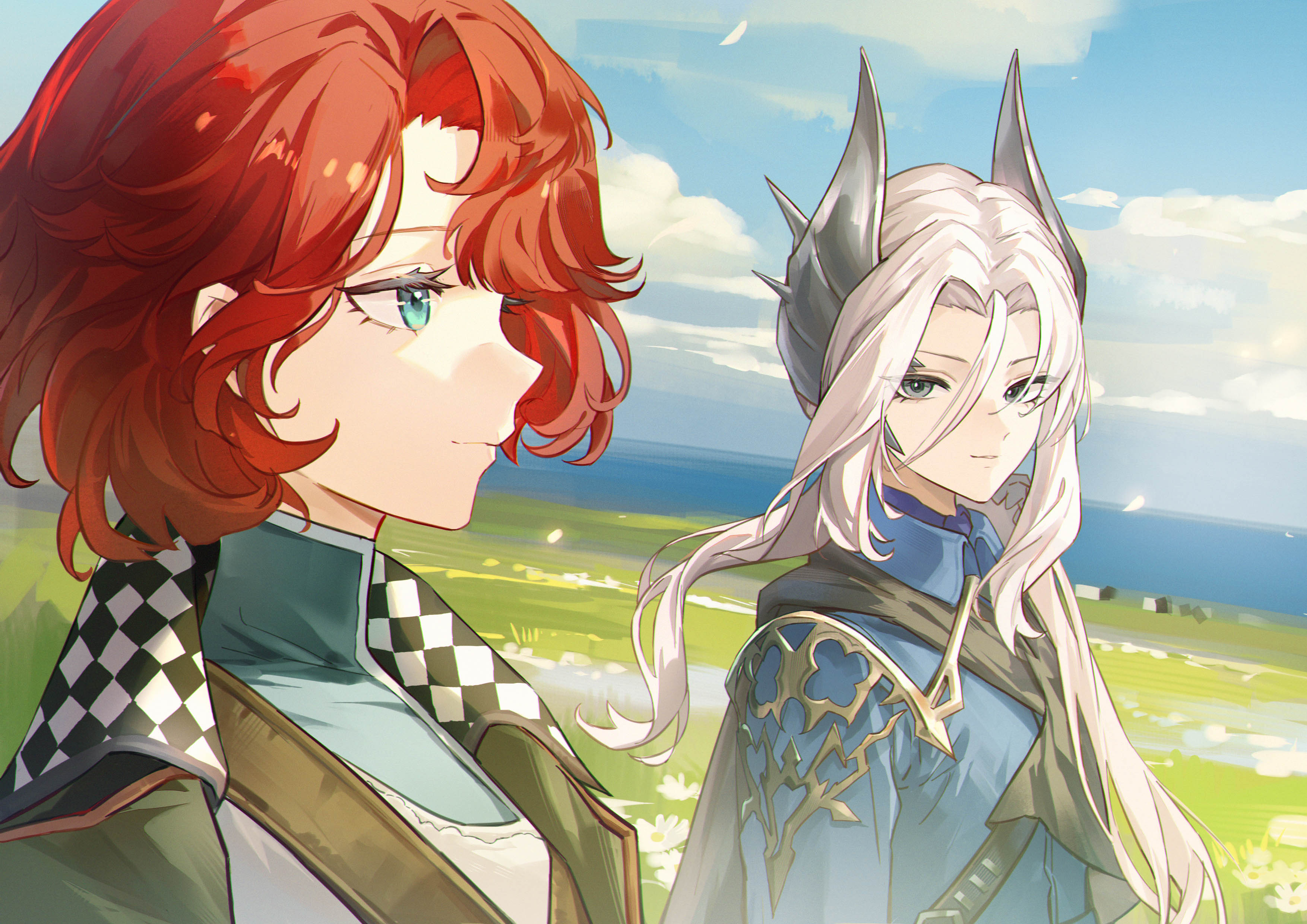 qinghong zaoshu, reverse:1999, absurdres, highres, 2girls, blue eyes, blue jacket, blue shirt, blue sky, cloud, cloudy sky, coat, grasslands, green coat, grey eyes, grey hair, hair ornament, jacket, light smile, long hair, looking at another, looking to the side, marsha (reverse:1999), military uniform, multiple girls, outdoors, profile, red hair, sentinel (reverse:1999), shirt, short hair, sky, upper body