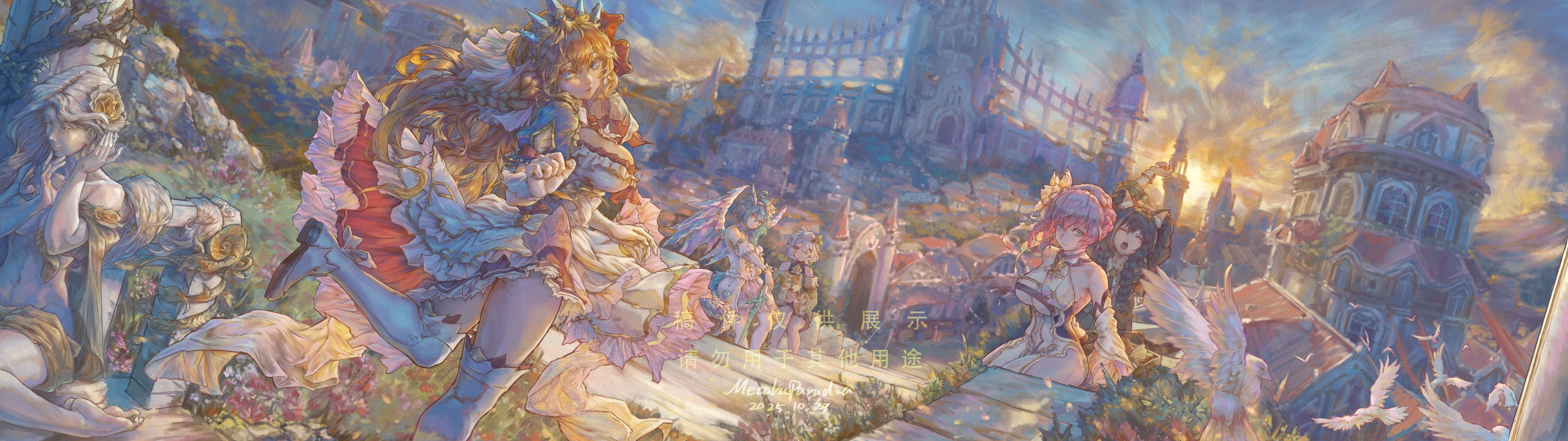 metalis paradia, karyl (princess connect!), kokkoro (princess connect!), pecorine (princess connect!), sheffy (princess connect!), yui (princess connect!), princess connect!, absurdres, chinese commentary, commentary request, commission, highres, 5girls, animal ears, aqua hair, bird, black hair, braid, breasts, building, cat ears, cat girl, day, flower, hair flower, hair ornament, large breasts, multiple girls, orange hair, outdoors, pink hair, statue, tiara, watermark, white hair, wings, yawning