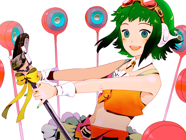ame (conronca), gumi, vocaloid, bad id, bad pixiv id, 1girl, belt, female focus, goggles, green eyes, green hair, headphones, matching hair/eyes, microphone, microphone stand, midriff, ribbon, short hair, skirt, smile, solo, vintage microphone, wing collar, wrist cuffs