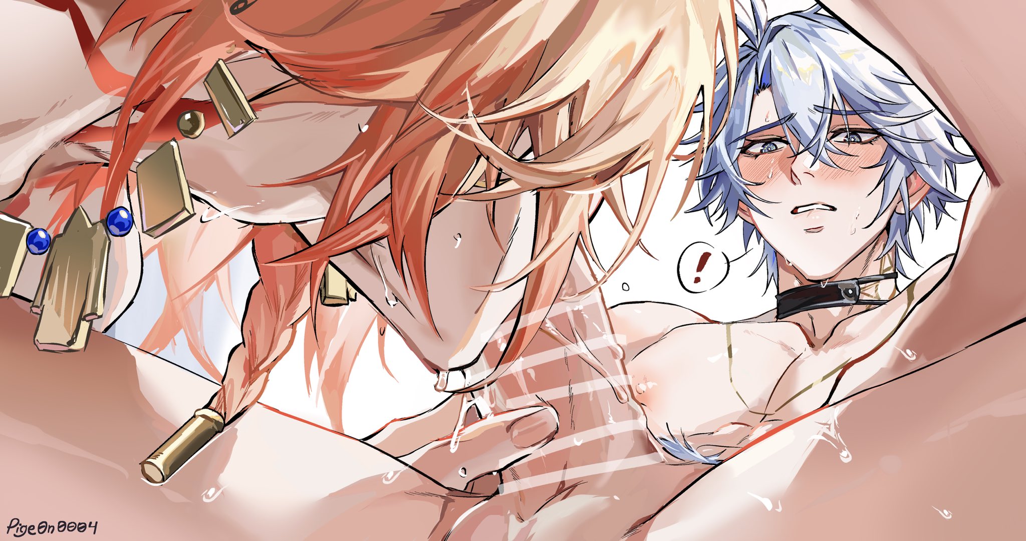 pige0n0004, mydei (honkai: star rail), phainon (honkai: star rail), honkai: star rail, honkai (series), commentary, highres, symbol-only commentary, !, 2boys, antenna hair, bar censor, black choker, blonde hair, blue eyes, blush, braid, censored, choker, fellatio, gradient hair, male focus, medium hair, multicolored hair, multiple boys, neck tattoo, oral, parted bangs, pubic hair, red hair, red tattoo, short hair, side braid, spoken exclamation mark, sun symbol, sun tattoo, tan, tattoo, white hair, yaoi