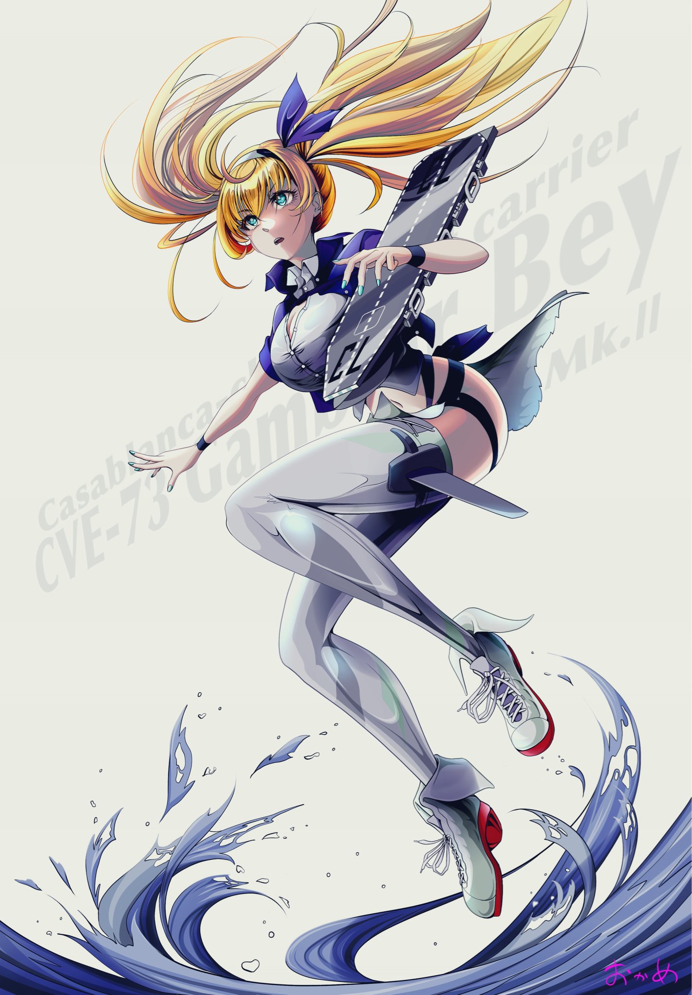 agano class no3, gambier bay (kancolle), gambier bay mk ii (kancolle), kantai collection, commentary request, highres, 1girl, blonde hair, blue eyes, blue jacket, blush, boots, breasts, collared shirt, flight deck, full body, grey thighhighs, hair between eyes, hairband, half-skirt, jacket, large breasts, long hair, multicolored hairband, navel, open mouth, shirt, skirt, thighhighs, twintails, water, white background, white shirt