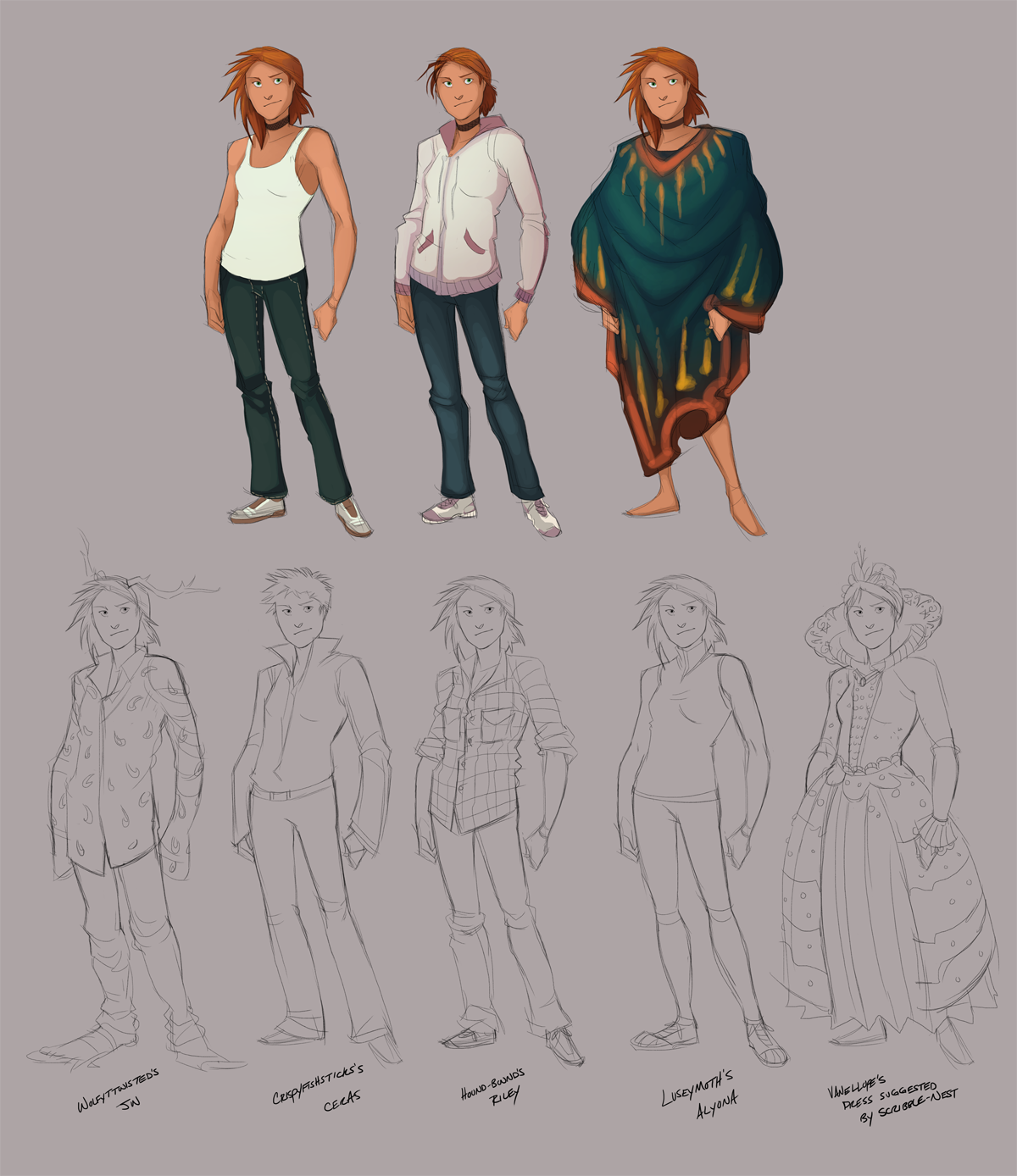 original, highres, 1girl, alternate hairstyle, barefoot, black choker, breasts, choker, collared shirt, comparison, denim, english text, full body, greekceltic, green eyes, green poncho, hood, hoodie, jacket, jacky (greekceltic), jeans, long sleeves, multiple persona, orange hair, orange poncho, pants, poncho, shirt, shoes, short hair, sleeveless, smile, tank top, white hoodie, white shoes, white tank top, yellow poncho