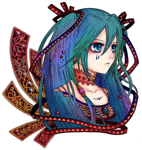 sio, sio (rough), hatsune miku, vocaloid, 1girl, aqua eyes, blue hair, female focus, hair ribbon, long hair, ribbon, solo, twintails, white background