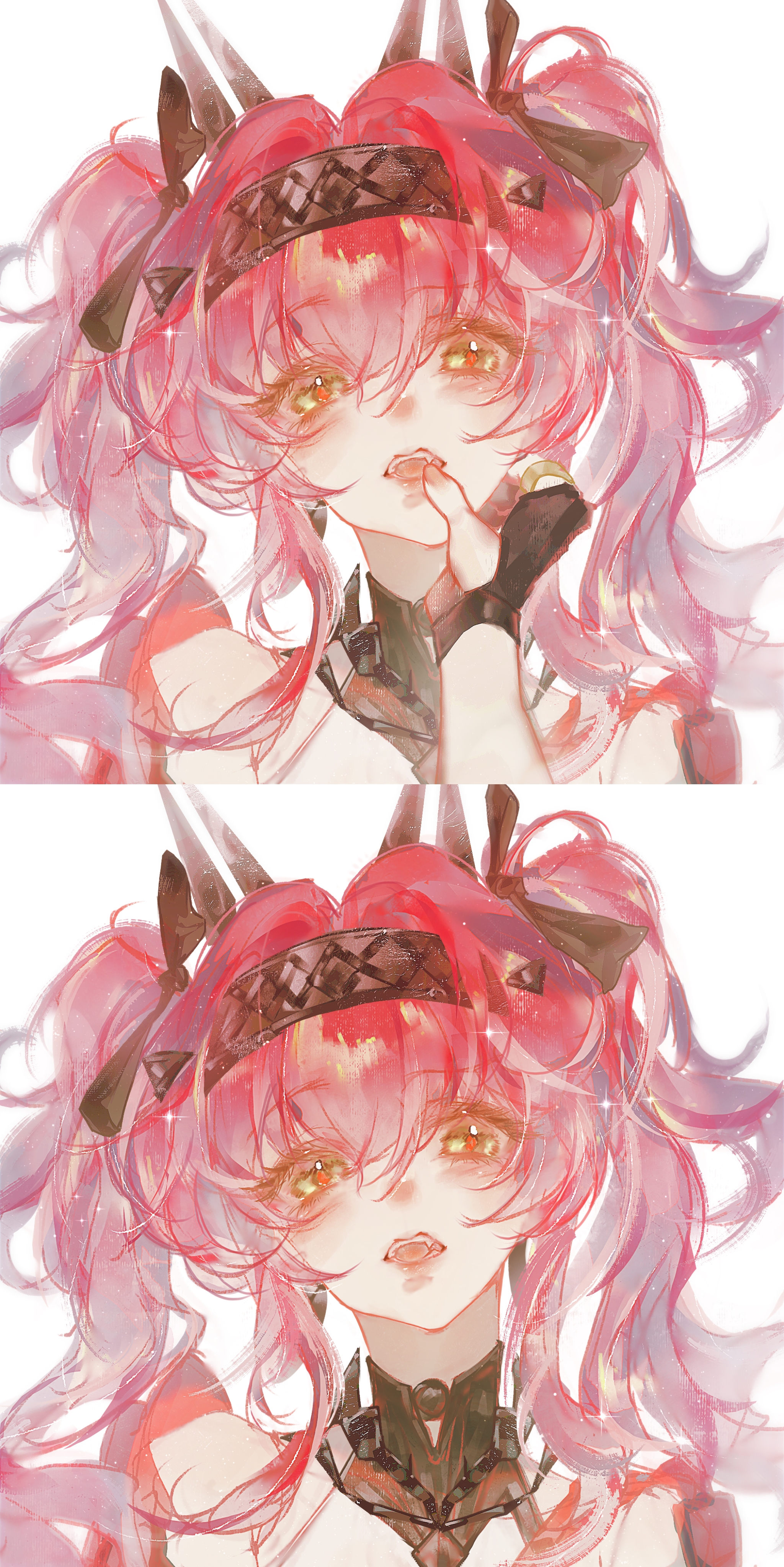 mian tu qiu, female rover (wuthering waves), lupa (wuthering waves), rover (wuthering waves), wuthering waves, absurdres, highres, 2girls, black bow, black gloves, bow, collar, earrings, female pov, finger to another's mouth, fingerless gloves, fingernails, gloves, hair bow, hairband, headgear, jewelry, long hair, looking at viewer, metal collar, metal hairband, missing commentary, multiple girls, multiple hair bows, open mouth, pink hair, portrait, pov, pov hands, red pupils, simple background, solo, twintails, white background, yellow eyes