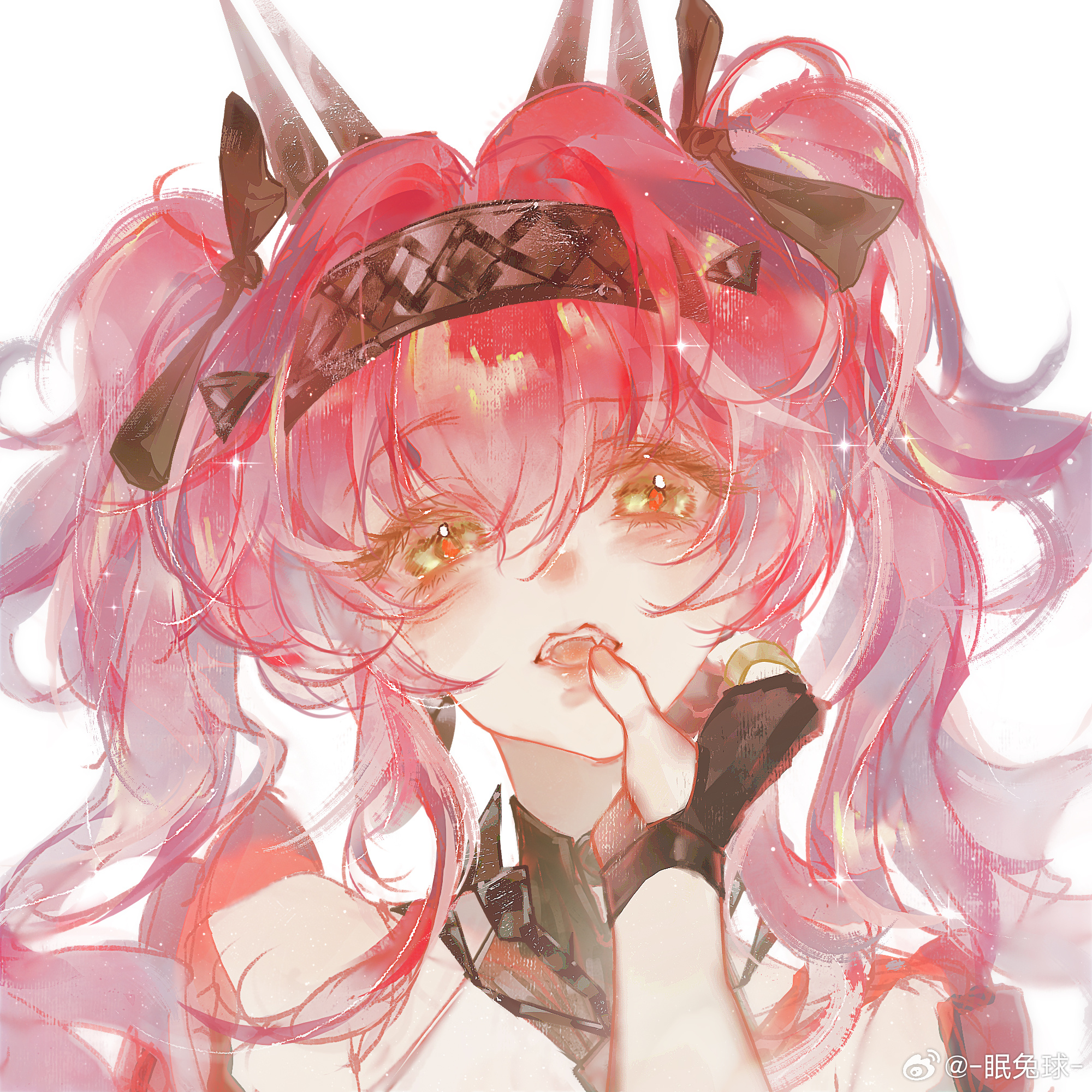 mian tu qiu, female rover (wuthering waves), lupa (wuthering waves), rover (wuthering waves), wuthering waves, highres, 2girls, black bow, black gloves, bow, collar, earrings, female pov, finger to another's mouth, fingerless gloves, fingernails, gloves, hair bow, hairband, headgear, jewelry, long hair, looking at viewer, metal collar, metal hairband, missing commentary, multiple girls, multiple hair bows, open mouth, pink hair, portrait, pov, pov hands, red pupils, simple background, solo, twintails, white background, yellow eyes