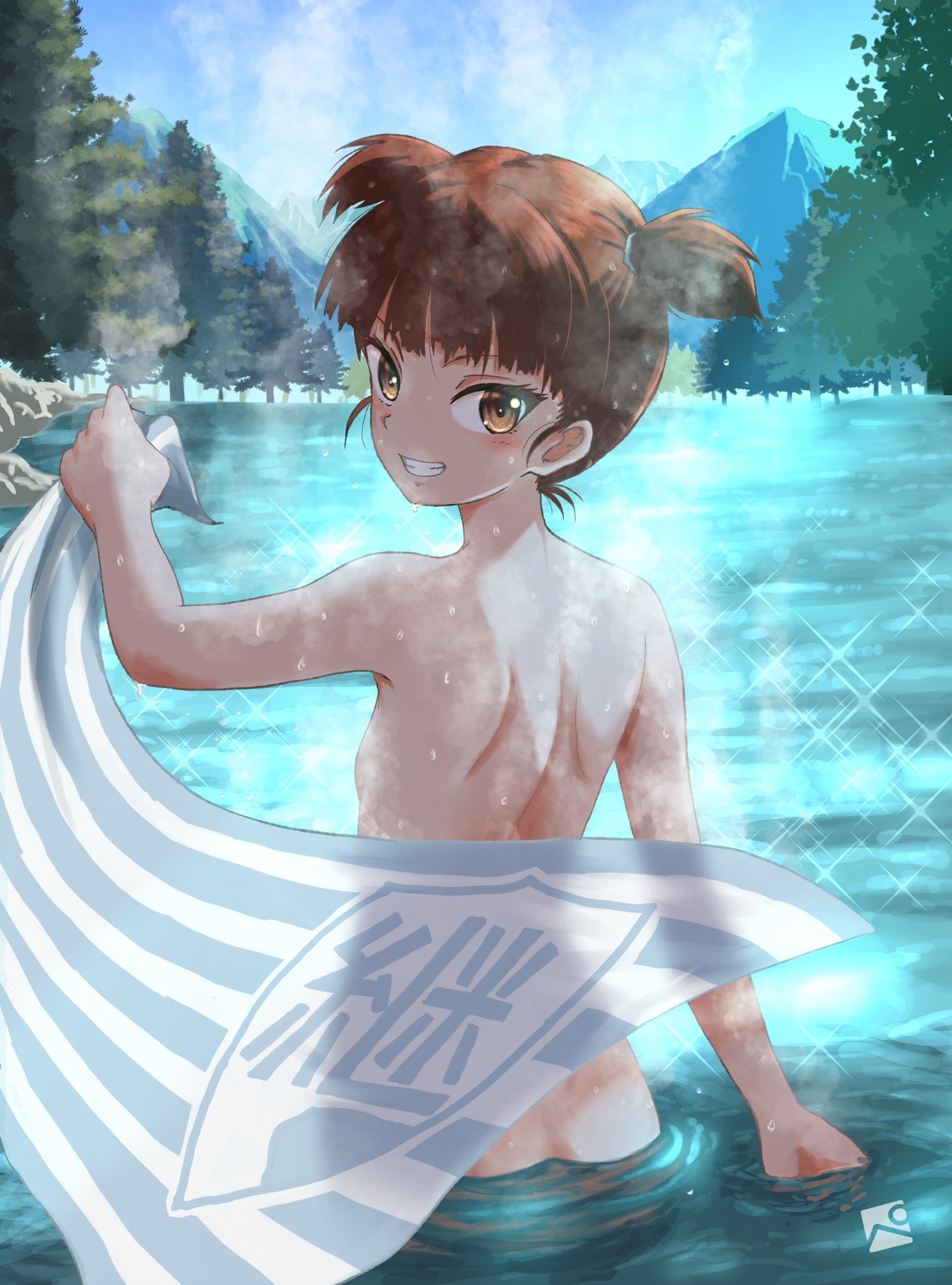 kainushi, mikko (girls und panzer), girls und panzer, commentary request, highres, 1girl, back, blue sky, feet out of frame, lake, looking at viewer, looking back, mountain, nature, nude, on water, outdoors, pine tree, red hair, short hair, sky, smile, solo, standing, teeth, tree, twintails, water, yellow eyes
