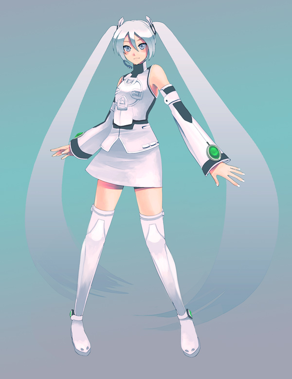 hare (pixiv43534), kurokawa (fiction347), hatsune miku, hatsune miku (p-style), project diva, project diva (series), vocaloid, bad id, bad pixiv id, 1girl, boots, detached sleeves, female focus, grey eyes, headphones, headset, legs, long hair, necktie, skirt, solo, thigh boots, thighhighs, twintails, very long hair, white eyes, white hair, zettai ryouiki