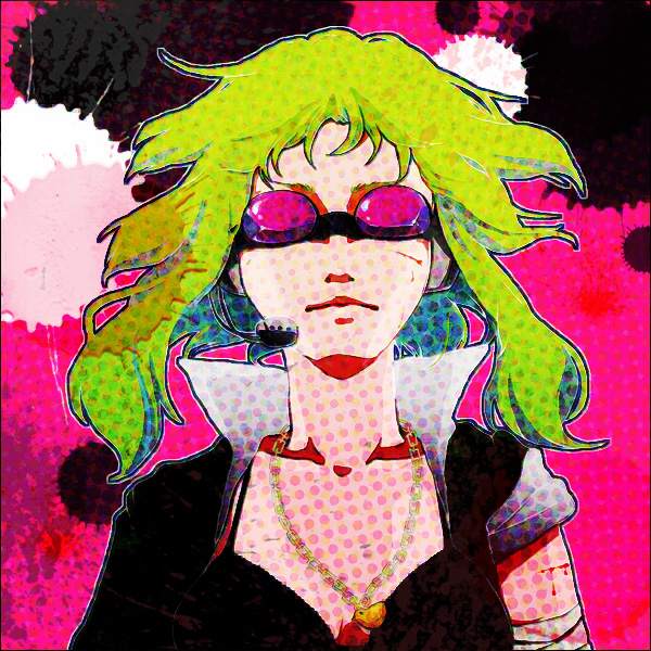 chakoro, gumi, bokura no 16bit warz (vocaloid), vocaloid, bad id, bad pixiv id, 1girl, bokura no 16bit sensou (vocaloid), breasts, cleavage, female focus, goggles, green hair, headphones, headset, short hair, small breasts, solo
