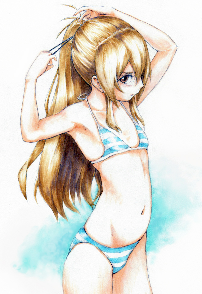 voyager (artist), aisaka taiga, toradora!, bad id, bad pixiv id, derivative work, traditional media, 00s, 1girl, adjusting hair, bikini, brown eyes, brown hair, female focus, flat chest, holding, holding own hair, long hair, navel, ponytail, solo, striped bikini, striped clothes, swimsuit