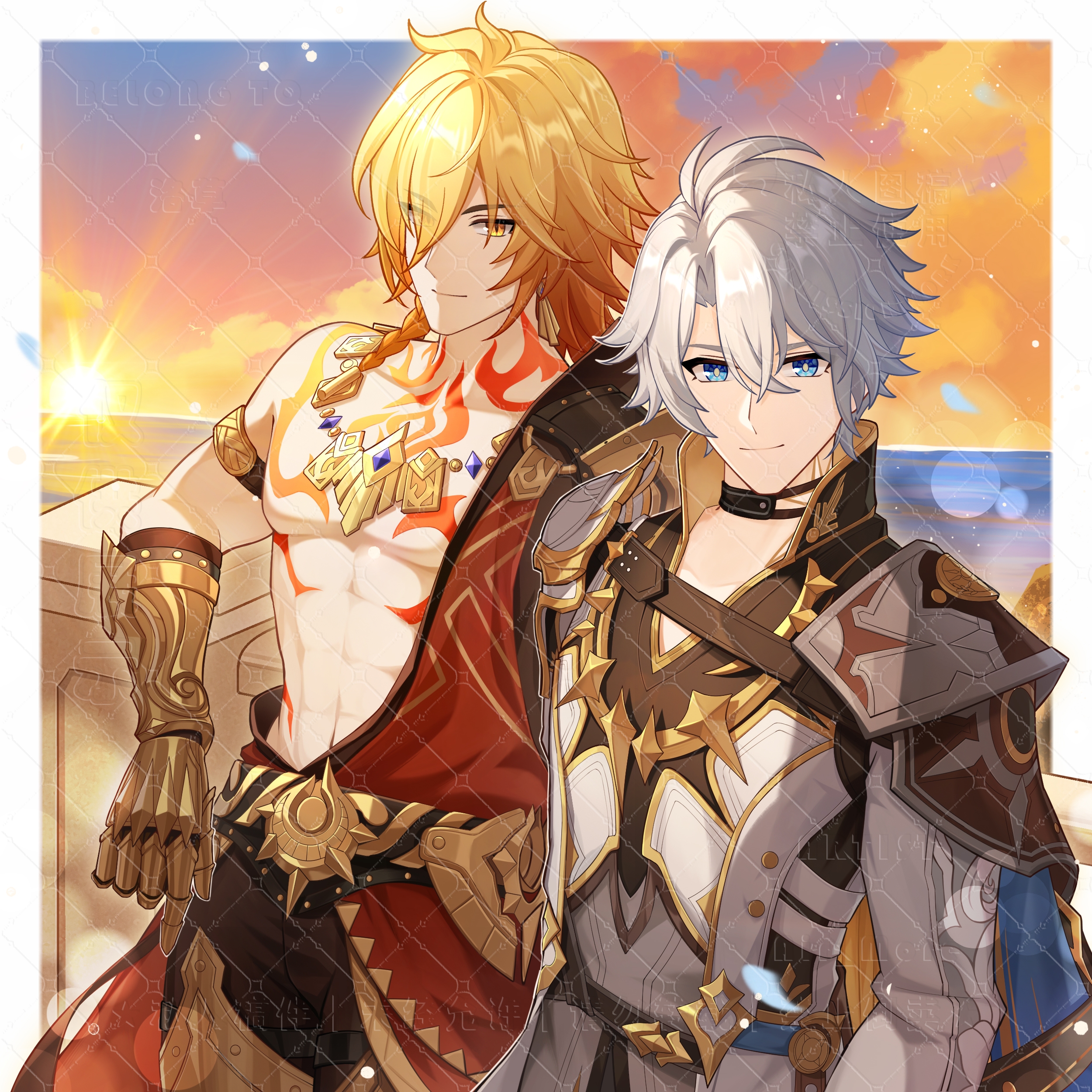 yanliangren, mydei (honkai: star rail), phainon (honkai: star rail), honkai: star rail, honkai (series), absurdres, chinese commentary, commentary request, highres, 2boys, abs, antenna hair, arm tattoo, armlet, armor, black choker, black coat, black pants, black shirt, blonde hair, blue eyes, braid, chest tattoo, choker, clawed gauntlets, coat, earrings, facial tattoo, gold earrings, gold necklace, gradient hair, jewelry, male focus, medium hair, multicolored hair, multiple boys, neck tattoo, necklace, open clothes, open coat, pants, parted bangs, pauldrons, red hair, red tattoo, shirt, short hair, shoulder armor, side braid, single pauldron, sun symbol, sun tattoo, tan, tattoo, toned, toned male, watermark, white coat, white hair, yellow eyes