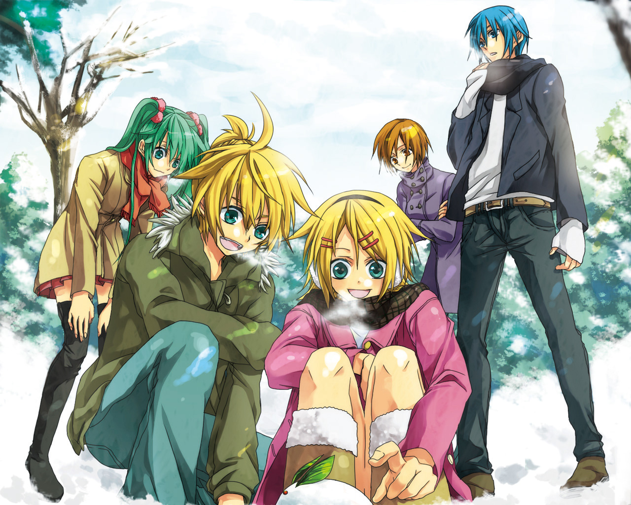 teito (0w0kuma), hatsune miku, kagamine len, kagamine rin, kaito (vocaloid), meiko (vocaloid), vocaloid, black footwear, bad id, bad pixiv id, 2boys, 3girls, aqua eyes, black scarf, blonde hair, blue eyes, blue hair, boots, breath, brown eyes, brown hair, brown scarf, coat, green eyes, green hair, hair ornament, hairclip, long hair, multiple boys, multiple girls, orange scarf, outdoors, plaid clothes, plaid scarf, scarf, short hair, sitting, skirt, smile, snow, snow rabbit, thigh boots, thighhighs, tree, twintails, zettai ryouiki