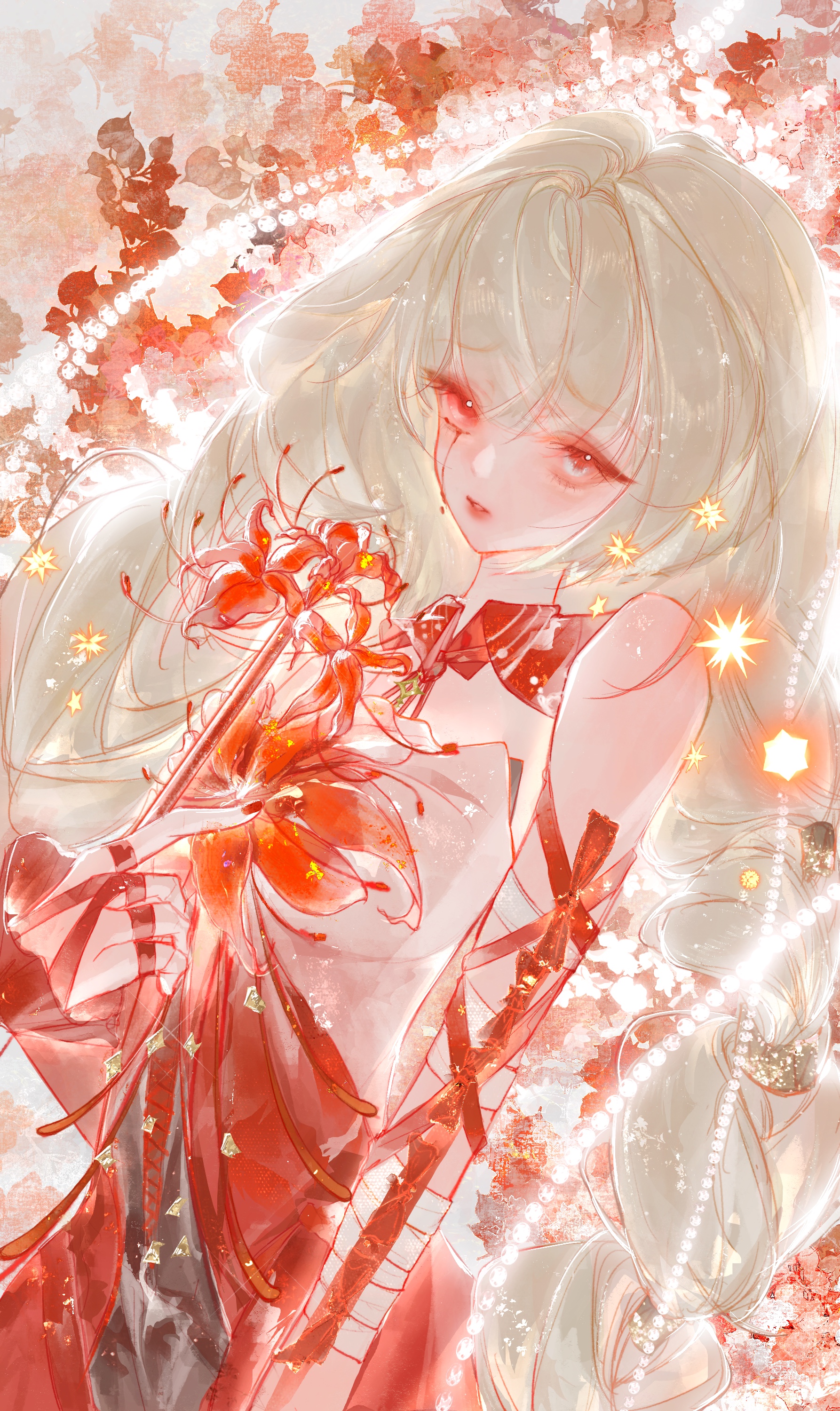 mian tu qiu, phrolova (wuthering waves), wuthering waves, absurdres, chinese commentary, commentary request, highres, 1girl, bandaged arm, bandages, bare shoulders, black skirt, breasts, dress, fingernails, flower, grey eyes, grey hair, halter dress, halterneck, heterochromia, holding, holding flower, long hair, looking at viewer, medium breasts, nail polish, parted lips, red dress, red eyes, red nails, skirt, solo, spider lily, upper body
