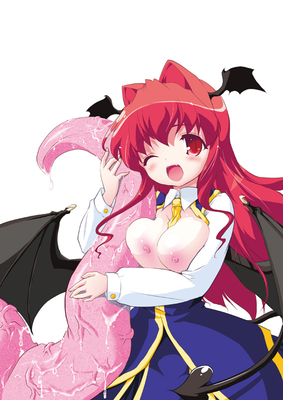 naitou satoshi, koakuma, embodiment of scarlet devil, touhou, bad id, bad pixiv id, 1girl, ;d, bat wings, blush, breasts, consensual tentacles, demon tail, female focus, head wings, hug, large breasts, long hair, nipples, one eye closed, open mouth, red eyes, red hair, simple background, smile, solo, tail, tentacles, white background, wings, wink