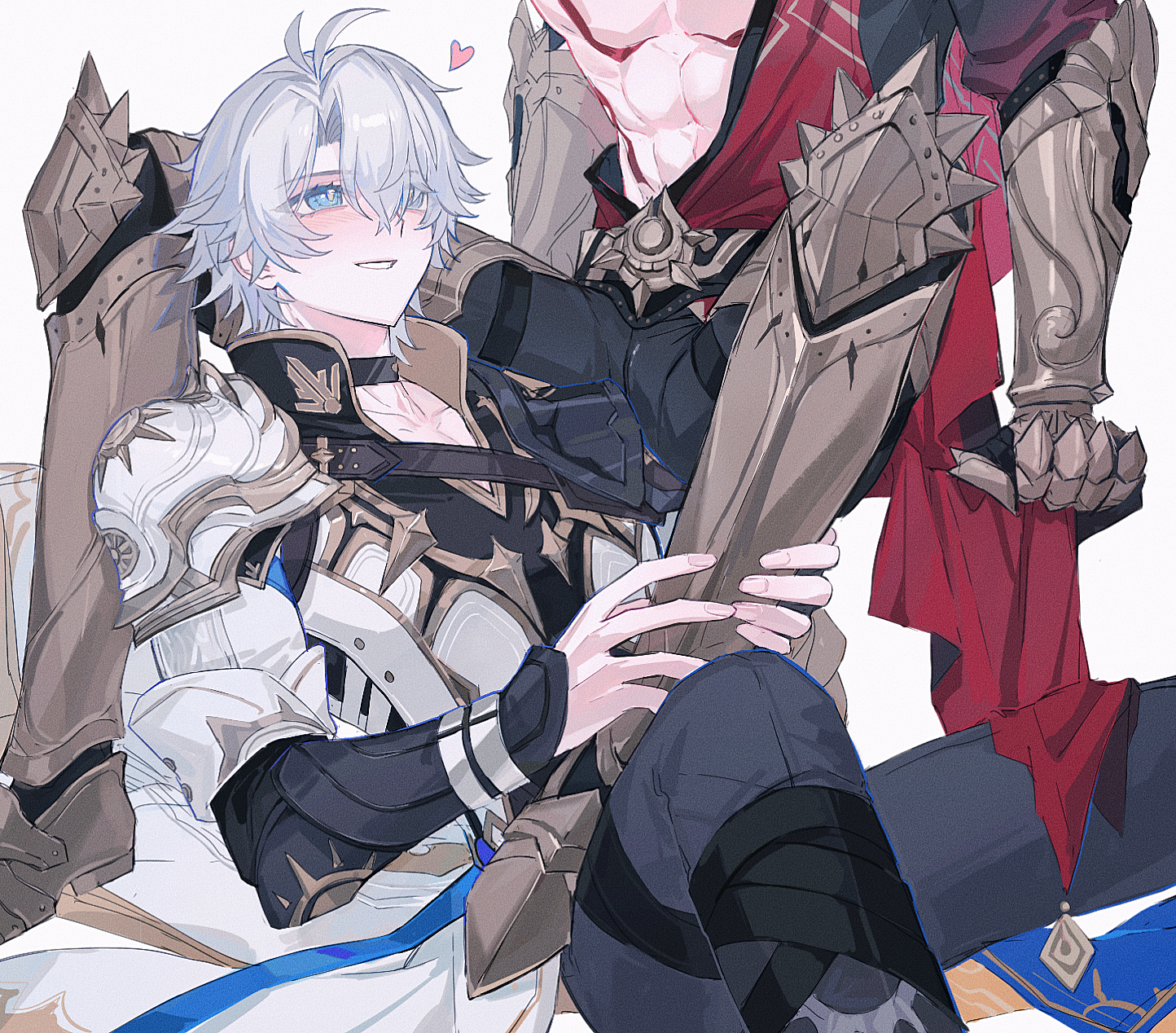 mydei (honkai: star rail), phainon (honkai: star rail), honkai: star rail, honkai (series), chinese commentary, commentary, highres, 2boys, antenna hair, armlet, armor, armored boots, black choker, black coat, black pants, black shirt, blue cape, blue eyes, blush, boots, cape, chest tattoo, choker, clawed gauntlets, coat, earrings, gold earrings, gold necklace, jewelry, male focus, multiple boys, necklace, open clothes, open coat, pants, parted bangs, pauldrons, red cape, red tattoo, shirt, short hair, shoulder armor, side cape, single pauldron, tattoo, tydjd071, white coat, white hair, yaoi