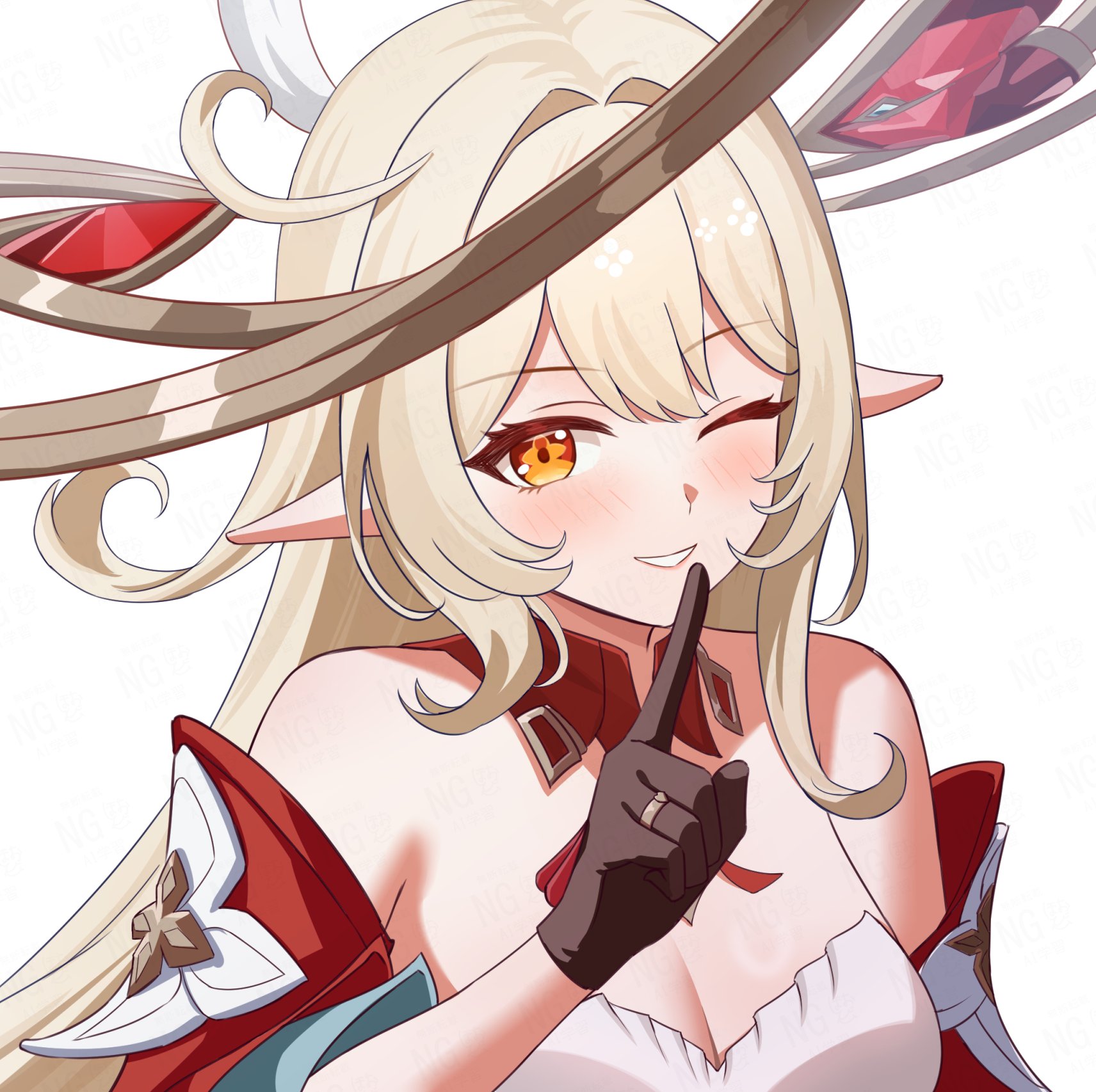 hobio, alice (genshin impact), genshin impact, highres, 1girl, blonde hair, blush, breasts, cleavage, cleavage cutout, clothing cutout, cowlick, detached collar, detached sleeves, gloves, long hair, medium breasts, one eye closed, open mouth, orange eyes, pointy ears, red sleeves, side ahoge, simple background, smile, upper body, white background