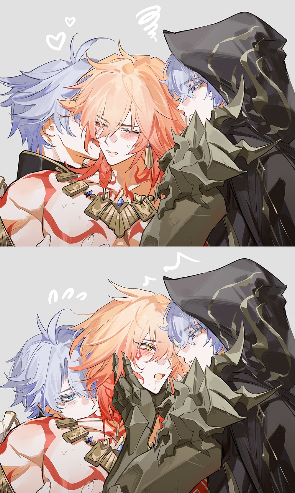 qinnye, flame reaver of the deepest dark, mydei (honkai: star rail), phainon (honkai: star rail), honkai: star rail, honkai (series), commentary, highres, symbol-only commentary, 3boys, after kiss, antenna hair, arm tattoo, armlet, armor, black choker, black cloak, black coat, black shirt, blonde hair, blue eyes, blush, braid, chest tattoo, choker, clawed gauntlets, cloak, coat, dual persona, earrings, facial tattoo, gold earrings, gold necklace, gradient hair, grey background, hood, hooded cloak, jewelry, male focus, medium hair, multicolored hair, multiple boys, necklace, open clothes, open coat, parted bangs, pauldrons, red hair, red tattoo, saliva, saliva trail, shirt, short hair, shoulder armor, side braid, single pauldron, tattoo, white coat, white hair, yaoi, yellow eyes