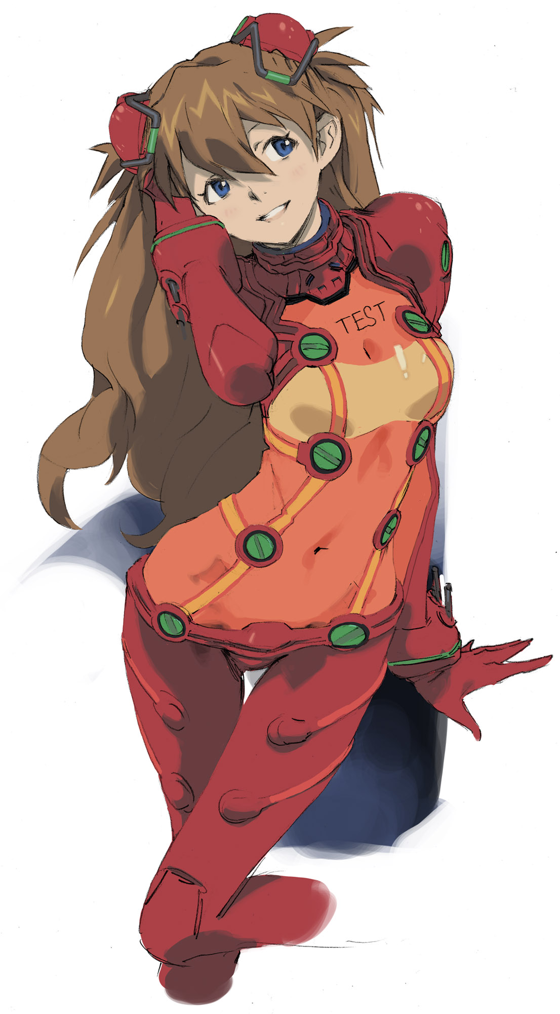 yasuda akira, souryuu asuka langley, neon genesis evangelion, rebuild of evangelion, highres, 00s, 1girl, blue eyes, bodysuit, breasts, brown hair, cleavage, female focus, long hair, mecha pilot suit, multicolored bodysuit, plugsuit (evangelion), see-through cleavage, see-through clothes, smile, solo, test plugsuit (evangelion), two-tone bodysuit