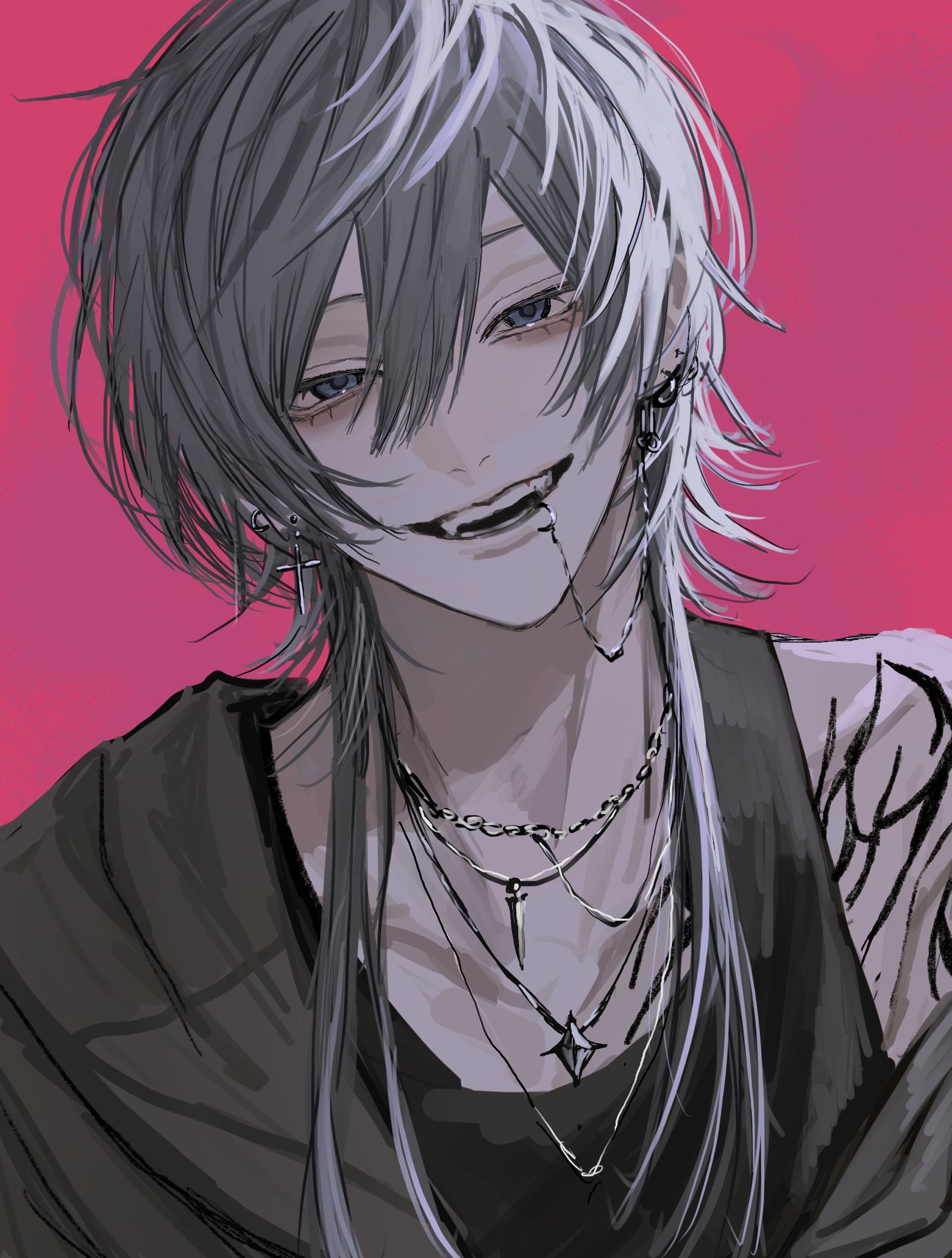 original, commentary, highres, 1boy, arm tattoo, black tank top, ear piercing, face piercing, grey eyes, grey hair, grey jacket, hair between eyes, jacket, lip piercing, long hair, looking at viewer, male focus, mizooti 0, open clothes, open jacket, open mouth, piercing, pink background, simple background, smile, solo, tank top, tattoo, teeth, upper body