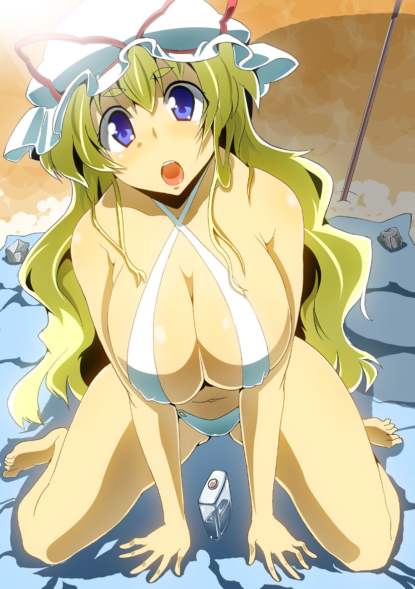toudori, yakumo yukari, touhou, 1girl, :o, arm support, barefoot, beach, blonde hair, blue eyes, breasts, cleavage, criss-cross halter, day, female focus, halterneck, hat, huge breasts, kneeling, long hair, open mouth, pretzel bikini, sitting, slingshot swimsuit, solo, swimsuit, wariza