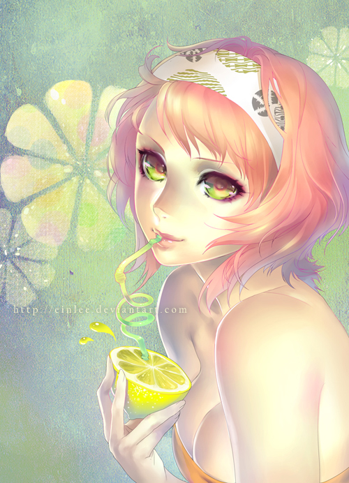 ein lee, original, 1girl, breasts, cleavage, drinking straw, female focus, food, fruit, gradient eyes, gradient hair, hairband, holding, holding food, holding fruit, lemon, lips, medium breasts, multicolored eyes, multicolored hair, pink hair, solo