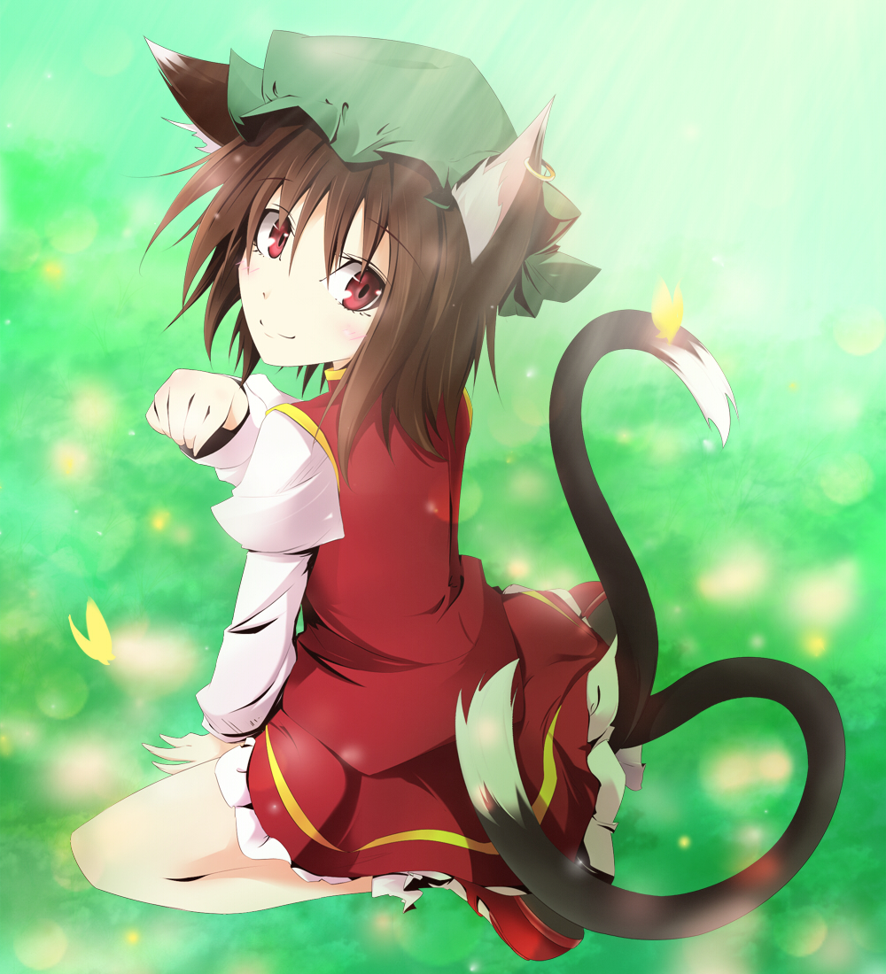 kanaria (fuusenkazura), chen, touhou, bad id, bad pixiv id, 1girl, animal ears, brown hair, cat ears, cat girl, cat tail, earrings, female focus, full body, hat, jewelry, multiple tails, nature, outdoors, paw pose, red eyes, short hair, solo, tail