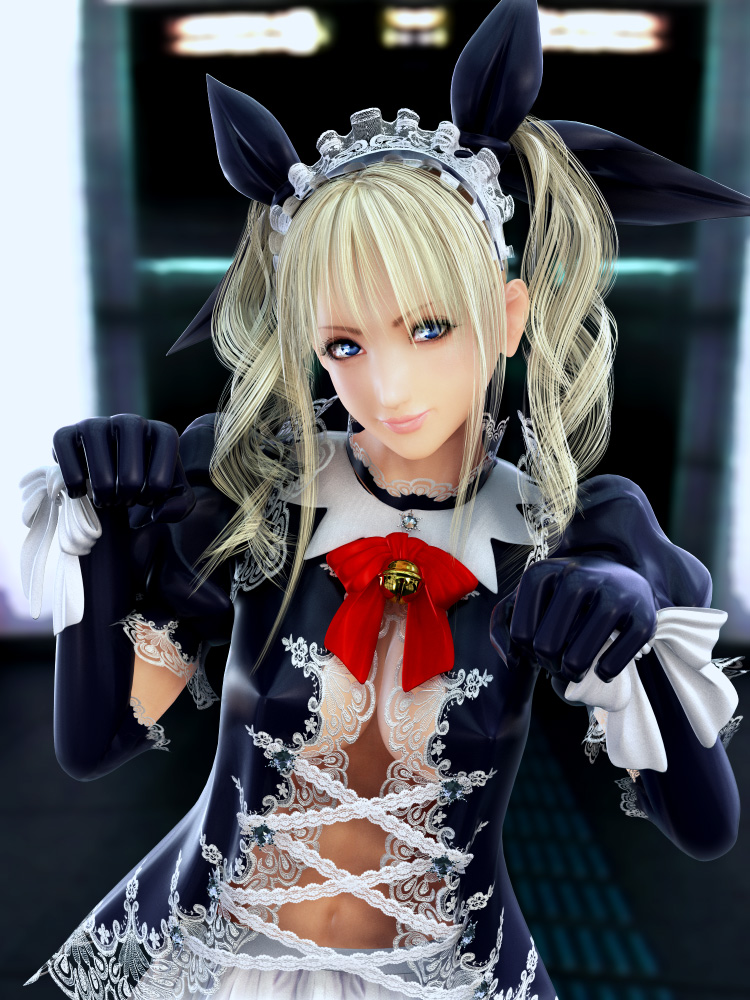 incise soul, m-rs, rukia (incise soul), 1girl, 3d, animal hands, bell, blonde hair, blue eyes, breasts, curly hair, female focus, latex, lipstick, maid, makeup, ribbon, smile, solo, twintails