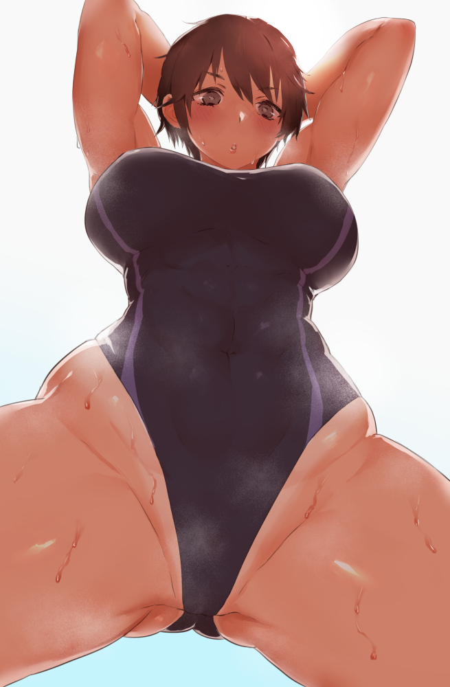 butsu menhou, original, commentary request, 1girl, arms behind head, black hair, black one-piece swimsuit, blue background, blush, breasts, covered navel, cowboy shot, curvy, foreshortening, gradient background, grey eyes, groin, groin tendon, highleg, highleg one-piece swimsuit, hip bones, hip dips, huge breasts, legs apart, looking at viewer, one-piece swimsuit, parted lips, pixie cut, solo, sweat, swimsuit, thick thighs, thighs, toned, toned female, very sweaty
