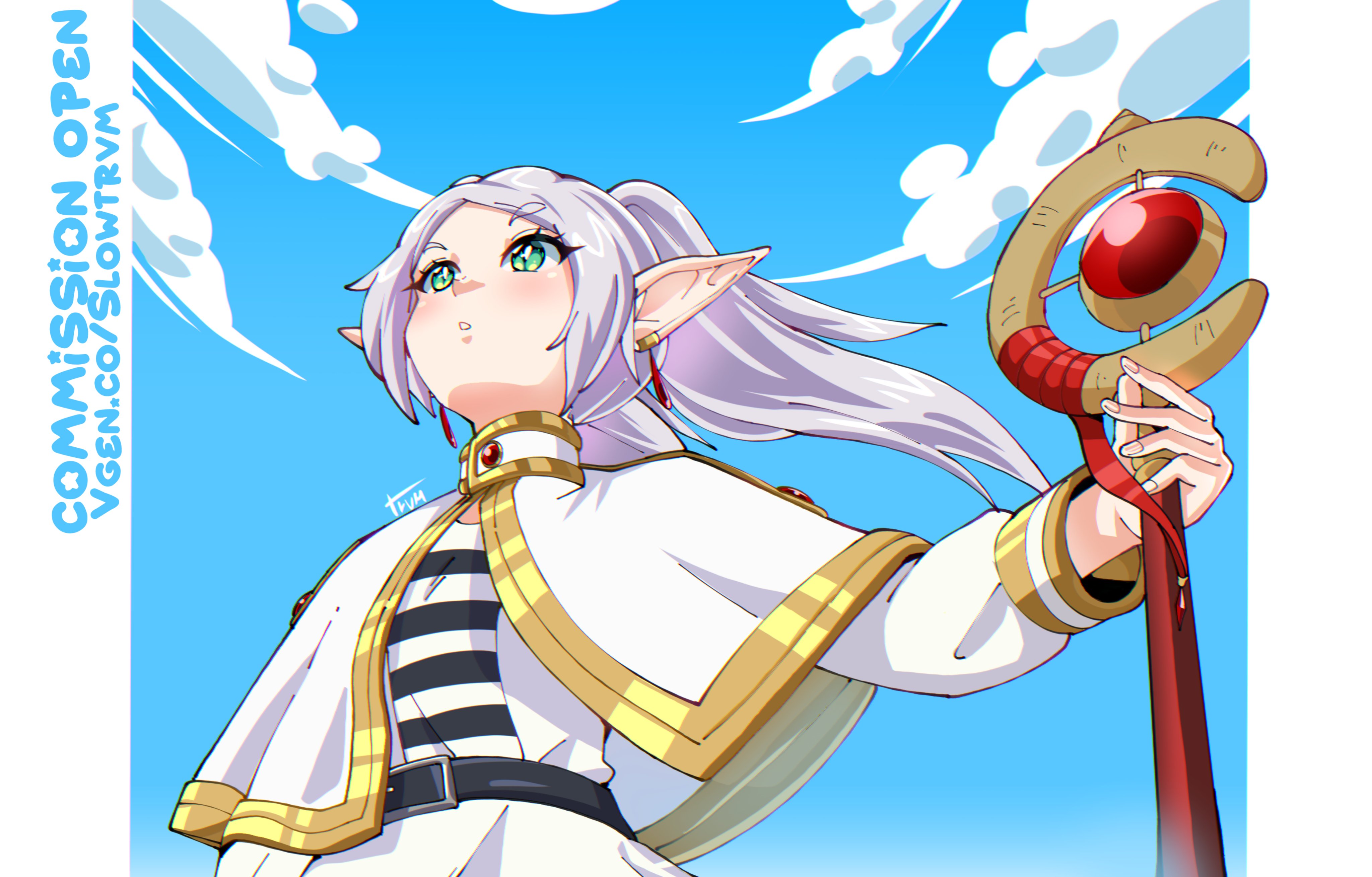 slowtrvm, frieren, sousou no frieren, absurdres, highres, 1girl, blue bag, blush, border, capelet, elf, green eyes, greyscale, holding, holding staff, long hair, looking at viewer, meme, monochrome, pointy ears, solo, staff, teeth, upper teeth only, upward angle frieren drawing (meme), white border, white capelet