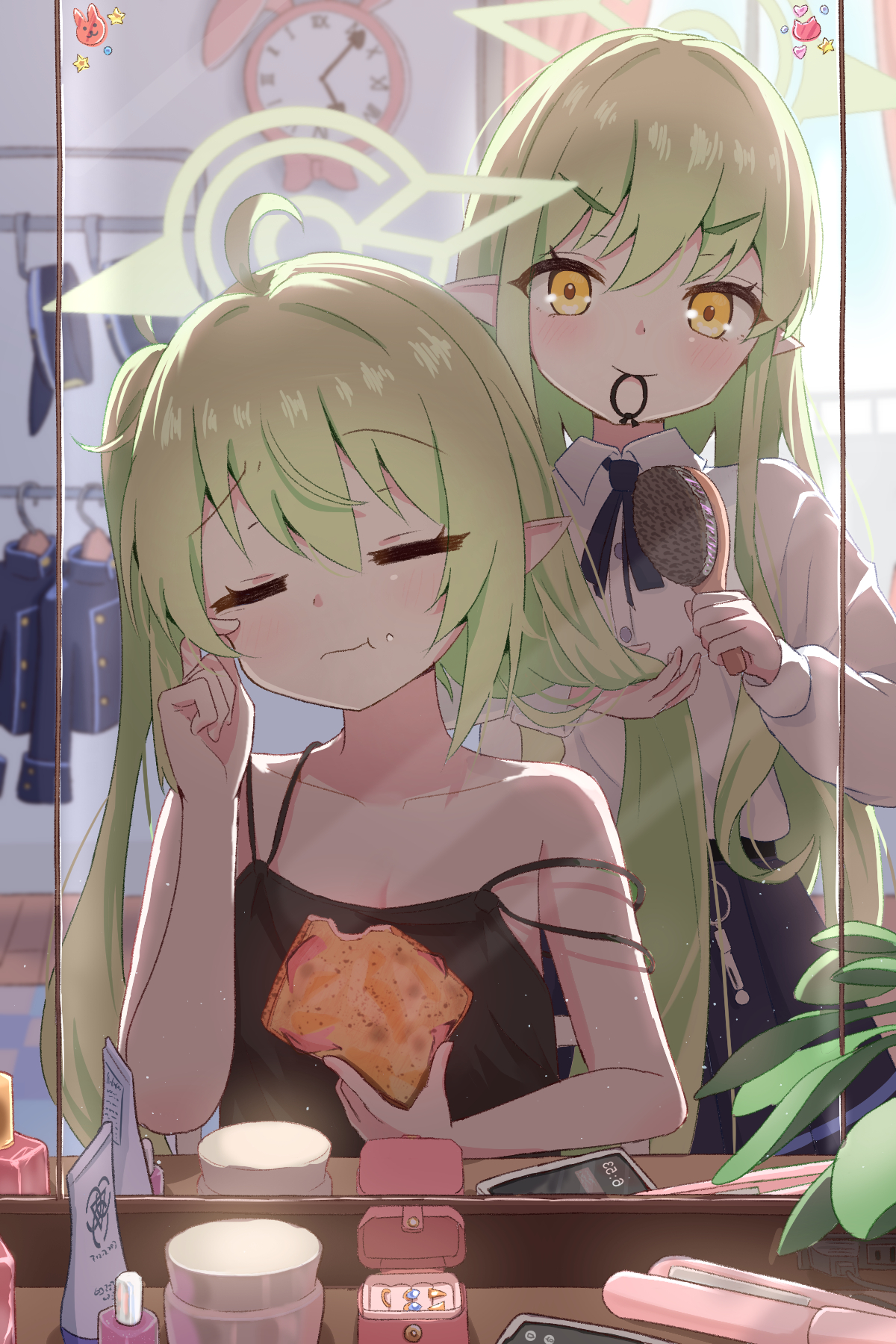 mikumiku37, hikari (blue archive), nozomi (blue archive), blue archive, commentary request, highres, revision, 2girls, :t, ahoge, alternate costume, black camisole, blue ribbon, blue skirt, bread, brushing another's hair, brushing hair, camisole, casual, closed eyes, closed mouth, collarbone, collared shirt, flat chest, food, food on face, green hair, green halo, hair brush, hair tie in mouth, halo, holding, holding food, holding hair brush, indoors, long hair, long sleeves, looking at viewer, mirror, mouth hold, multiple girls, neck ribbon, pleated skirt, pointy ears, puffy long sleeves, puffy sleeves, reflection, reflection focus, ribbon, shirt, siblings, sisters, skirt, strap slip, thick eyebrows, trinity general school logo, twins, twintails, v-shaped eyebrows, white shirt, yellow eyes