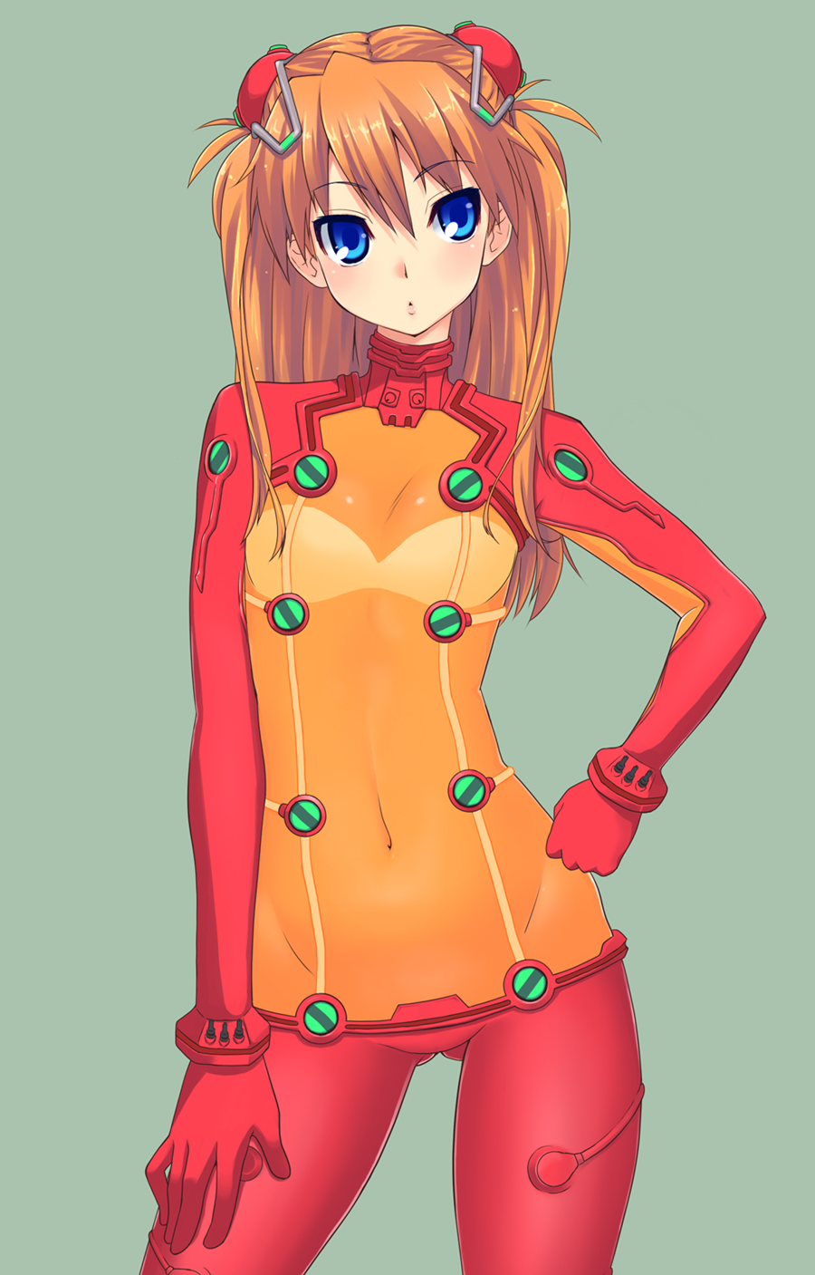 kou (garakuta teikoku), souryuu asuka langley, evangelion: 2.0 you can (not) advance, neon genesis evangelion, rebuild of evangelion, bad id, bad pixiv id, highres, 00s, 1girl, blue eyes, bodysuit, breasts, cleavage, female focus, hand on own hip, hip focus, long hair, mecha pilot suit, navel, orange hair, plugsuit (evangelion), red hair, see-through cleavage, see-through clothes, simple background, solo, test plugsuit (evangelion), twintails