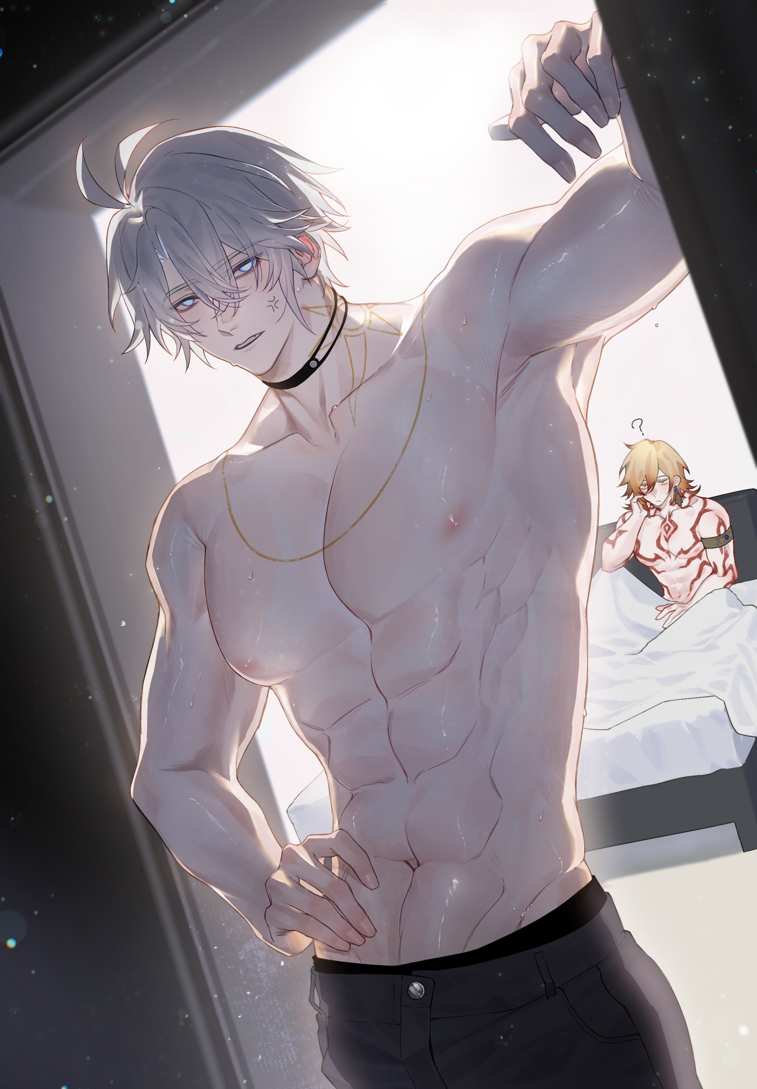 mydei (honkai: star rail), phainon (honkai: star rail), honkai: star rail, honkai (series), absurdres, chinese commentary, commentary request, highres, 2boys, abs, anger vein, antenna hair, arm tattoo, armlet, baishao18613, bedroom, black choker, black pants, blonde hair, blue eyes, braid, chest tattoo, choker, facial tattoo, gradient hair, jewelry, large pectorals, male focus, medium hair, multicolored hair, multiple boys, muscular, muscular male, neck tattoo, pants, parted bangs, pectorals, red hair, red tattoo, short hair, side braid, sun symbol, sun tattoo, tan, tattoo, topless male, white hair, yellow eyes
