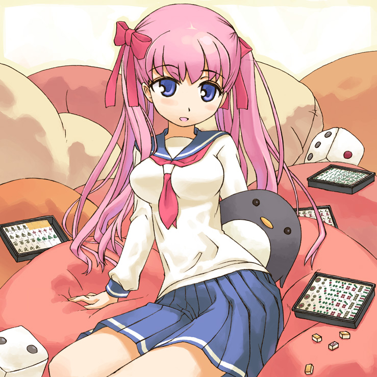 buntan, etopen, haramura nodoka, saki (manga), 00s, 1girl, blue eyes, board game, breasts, dice, female focus, large breasts, long hair, mahjong, mahjong tile, pillow, pink hair, school uniform, serafuku, solo