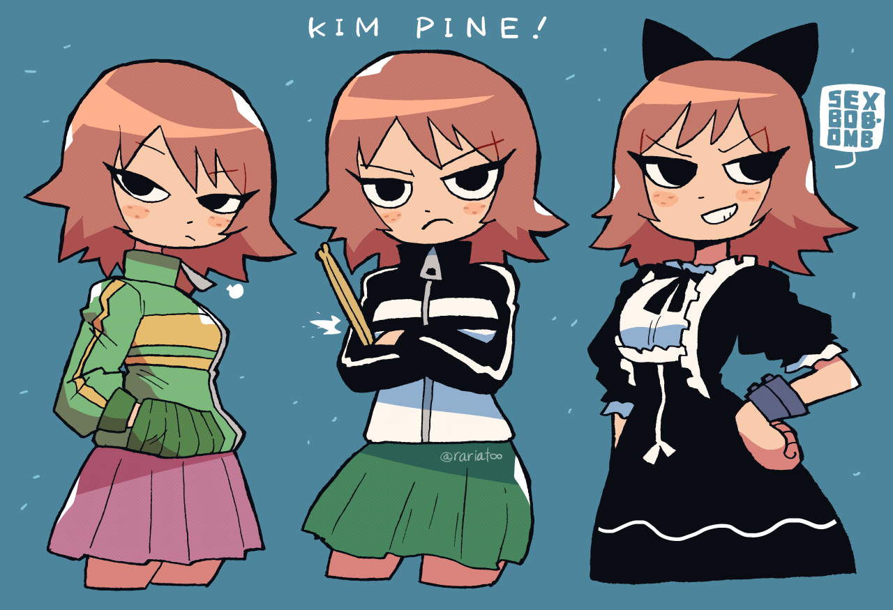 rariatto (ganguri), kim pine, scott pilgrim (series), bow, dress, drumsticks, hair bow, jacket, red hair, skirt, track jacket