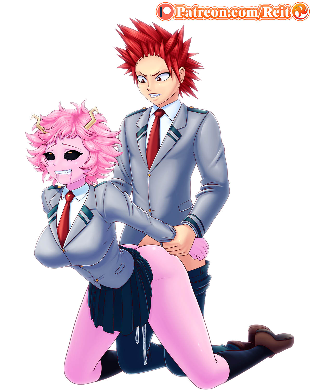 reit, ashido mina, kirishima eijirou, boku no hero academia, 1boy, 1girl, arm held back, artist name, ass, black sclera, clothed sex, colored sclera, colored skin, cum, cum in pussy, cumdrip, drooling, fucked silly, green pants, green skirt, grey jacket, hetero, horns, jacket, messy hair, necktie, pants, patreon logo, patreon username, pink hair, pink skin, red hair, red necktie, saliva, school uniform, sex, sex from behind, skirt, smile, spiked hair, thighs, u.a. school uniform, watermark, web address, white background, yellow eyes, yellow horns