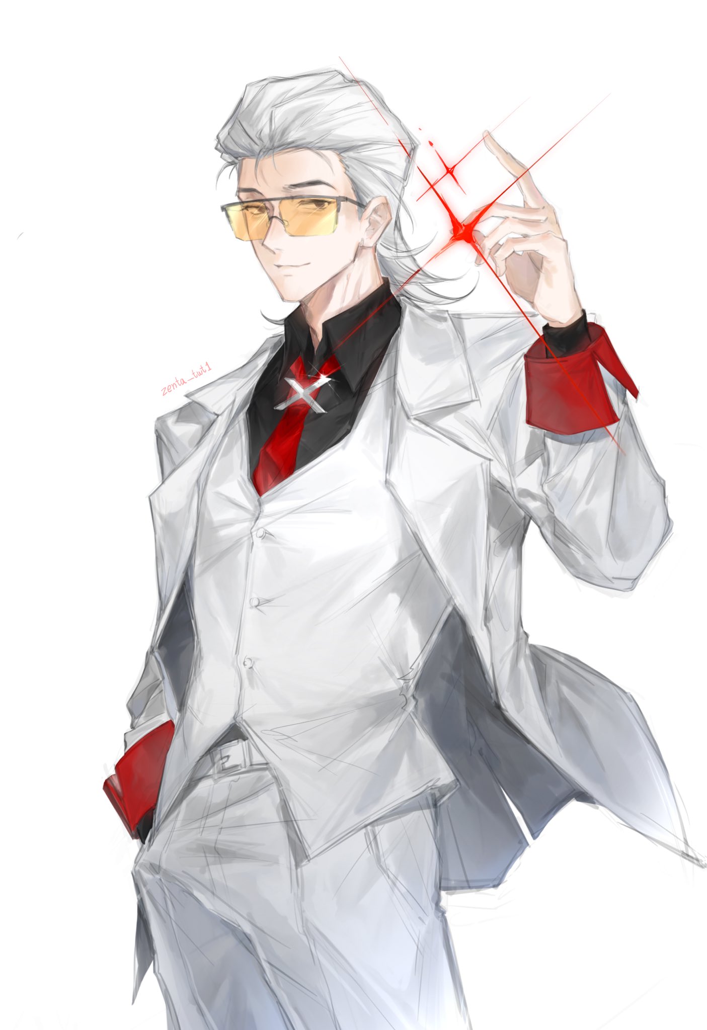 x (to be hero x), to be hero, to be hero x, commentary, highres, symbol-only commentary, 1boy, black shirt, cowboy shot, formal clothes, hand in pocket, jacket, male focus, necktie, orange-tinted eyewear, pants, red necktie, shirt, signature, smile, solo, suit, sunglasses, tinted eyewear, vest, white hair, white jacket, white pants, white suit, white vest, zenta twt1