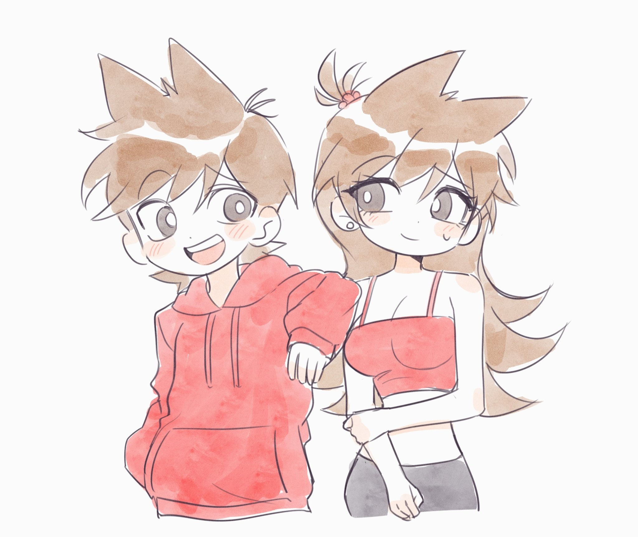 s0uth 8ark, eddsworld, commentary, highres, 1boy, 1girl, animification, blush, breasts, bright pupils, brown eyes, brown hair, cleavage, crop top, dual persona, genderswap, genderswap (mtf), hair bobbles, hair ears, hair ornament, hood, hood down, hoodie, large breasts, long hair, midriff, open mouth, red hoodie, red tank top, short hair, simple background, sketch, smile, sweat, tank top, topknot, tord (eddsworld), tori (eddsworld), white pupils