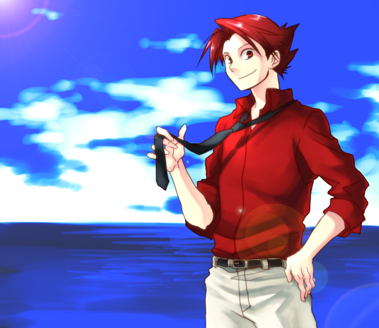 re ghotion, ushiromiya battler, umineko no naku koro ni, 00s, 1boy, cloud, day, hand on own hip, hip focus, male focus, necktie, outdoors, red hair, sky, solo