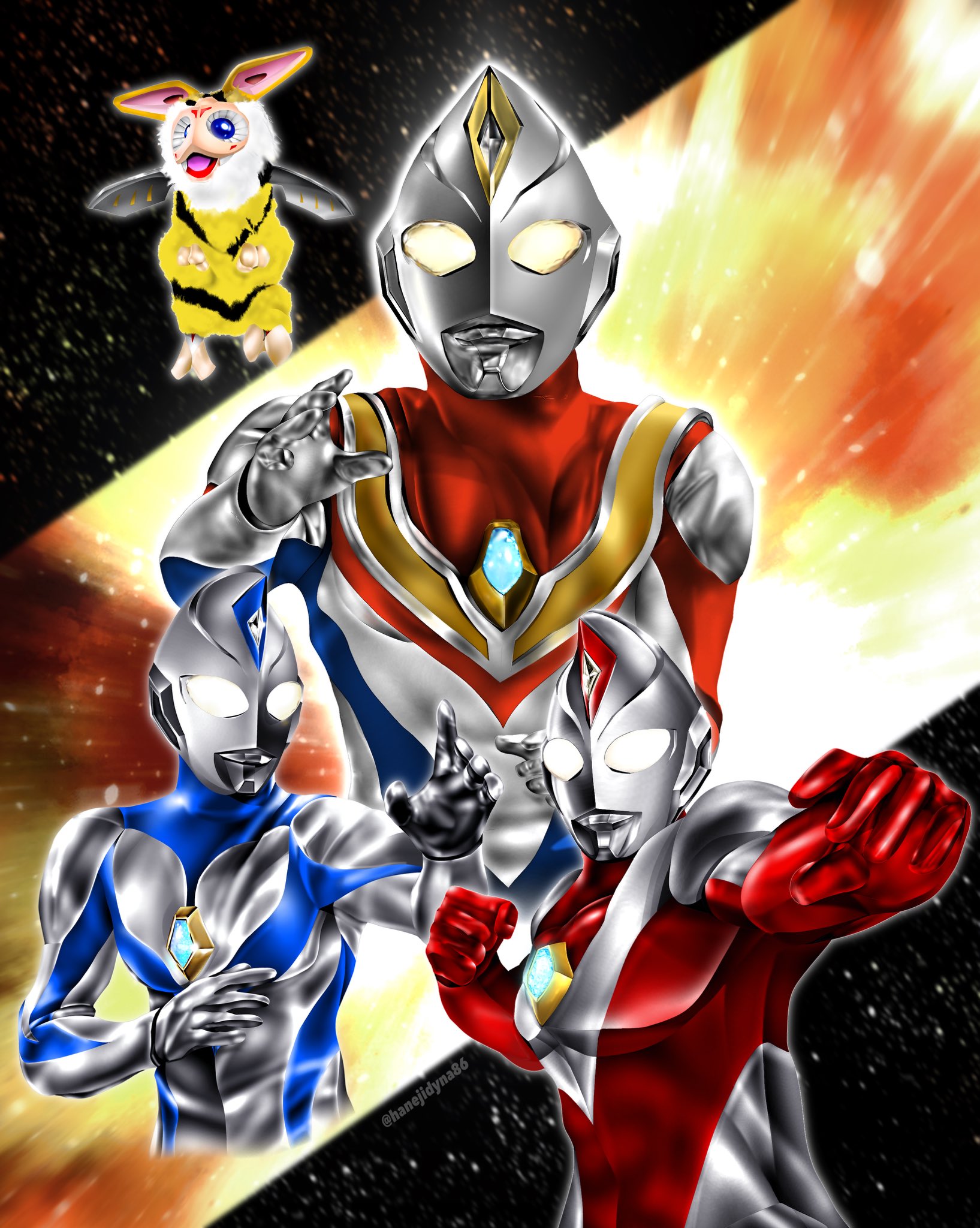 hanejidyna86, ultraman dyna, ultraman dyna (flash type), ultraman dyna (miracle type), ultraman dyna (strong type), tokusatsu, ultra series, ultraman dyna (series), commentary, highres, 1boy, alien, armor, black fur, blue eyes, blue skin, blurry, blurry background, breastplate, clenched hand, color timer, colored skin, compound eyes, cropped torso, crystal, dorsal fin, fighting stance, forehead jewel, giant, giant male, glowing, glowing eyes, gradient eyes, hands up, hanejiro, looking ahead, looking at viewer, male focus, multicolored eyes, multicolored fur, multicolored skin, multiple forms, multiple views, muscular, muscular male, no pupils, open hands, open mouth, outstretched arm, pectorals, red skin, silver skin, space, star (sky), toned, toned male, twitter username, upper body, variations, white eyes, white fur, wings, wrinkled skin, yellow eyes, yellow fur