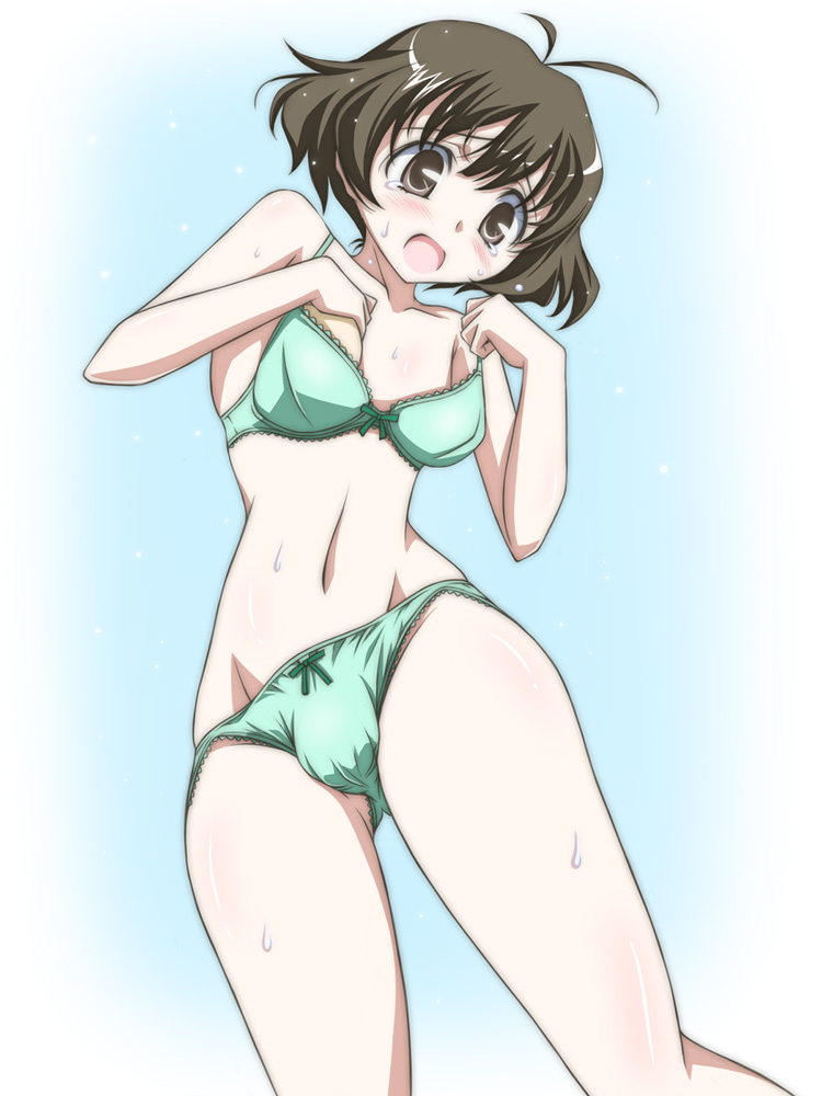 kikuchi tsutomu, akizuki ryo, idolmaster, idolmaster dearly stars, 00s, 1boy, blush, bow, bow bra, bow panties, bra, breast padding, brown eyes, brown hair, bulge, crossdressing, crossdressing (mtf), green bra, green panties, lace, lace-trimmed bra, lace-trimmed panties, lace trim, lingerie, male focus, panties, solo, trap, underwear, underwear only