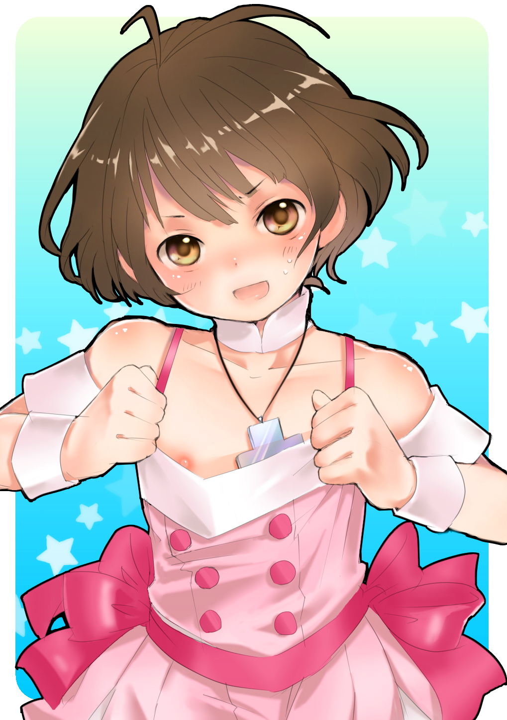 778, akizuki ryo, idolmaster, idolmaster dearly stars, highres, 00s, 1boy, blush, brown eyes, brown hair, crossdressing, crossdressing (mtf), cute & girly (idolmaster), looking at viewer, male focus, nipple slip, nipples, open mouth, shiny skin, short hair, shota, solo, trap