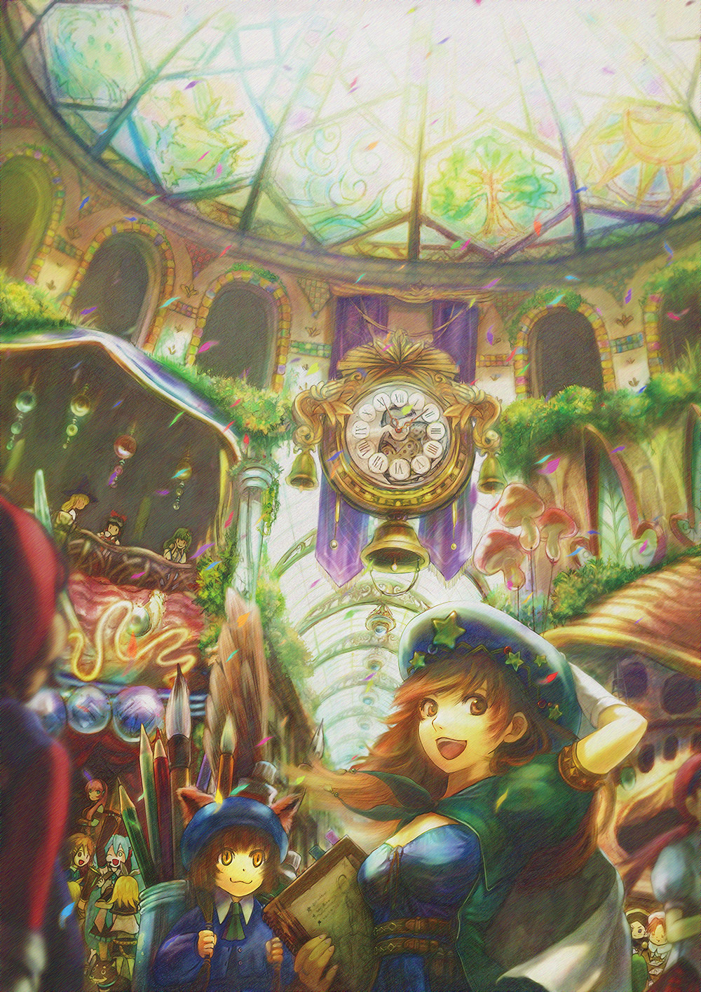 atsuko k, chibitalia (hetalia), hakurei reimu, hatsune miku, hirasawa yui, holy roman empire (hetalia), kagamine rin, kirisame marisa, kochiya sanae, makinami mari illustrious, megurine luka, northern italy (hetalia), axis powers hetalia, k-on!, neon genesis evangelion, rebuild of evangelion, touhou, vocaloid, bad id, bad pixiv id, highres, 00s, 6+girls, bell, cameo, clock, female focus, multiple girls