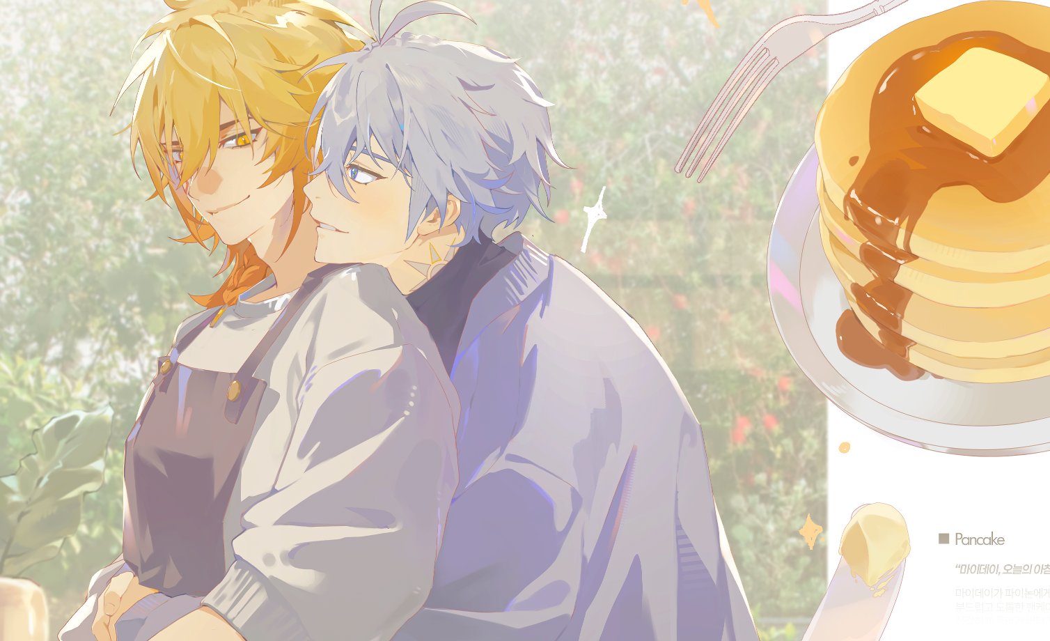 mydei (honkai: star rail), phainon (honkai: star rail), honkai: star rail, honkai (series), commentary, symbol-only commentary, 2boys, antenna hair, apron, arm tattoo, black apron, blonde hair, blue eyes, blush, braid, chest tattoo, facial tattoo, food, from side, gradient hair, grey sweater, hug, hug from behind, male focus, medium hair, multicolored hair, multiple boys, neck tattoo, pancake, pancake stack, parted bangs, pitzconee, profile, purple sweater, red hair, red tattoo, short hair, side braid, sun symbol, sun tattoo, sweater, tan, tattoo, white hair, yaoi, yellow eyes