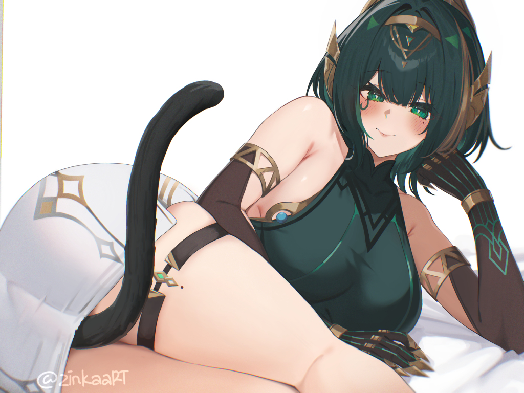 zinkaa, nefer (genshin impact), genshin impact, 1girl, arm support, ass, black gloves, blush, breasts, cat tail, claws, closed mouth, elbow gloves, eye tattoo, gloves, green hair, green shirt, head rest, large breasts, looking at viewer, lying, mole, mole under eye, on bed, on side, pencil skirt, shirt, short hair, skirt, sleeveless, sleeveless shirt, smile, solo, symbol-shaped pupils, tail, tattoo, triangle-shaped pupils, white background, white skirt
