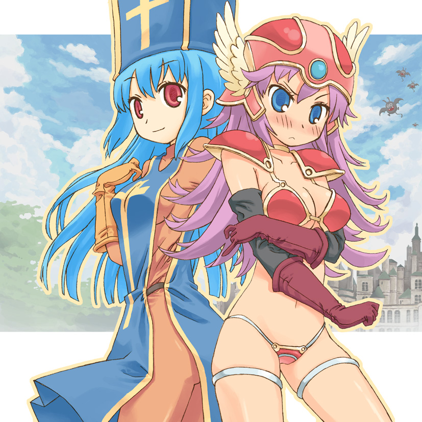 buntan, priest (dq3), warrior (dq3), chunsoft, dragon quest, dragon quest iii, enix, 2girls, armor, bikini, bikini armor, blue eyes, blue hair, blue hat, blue tabard, blush, cross, cross print, elbow gloves, gloves, gold trim, hat, helmet, long hair, mitre, multiple girls, purple hair, red armor, red eyes, retro artstyle, swimsuit, tabard