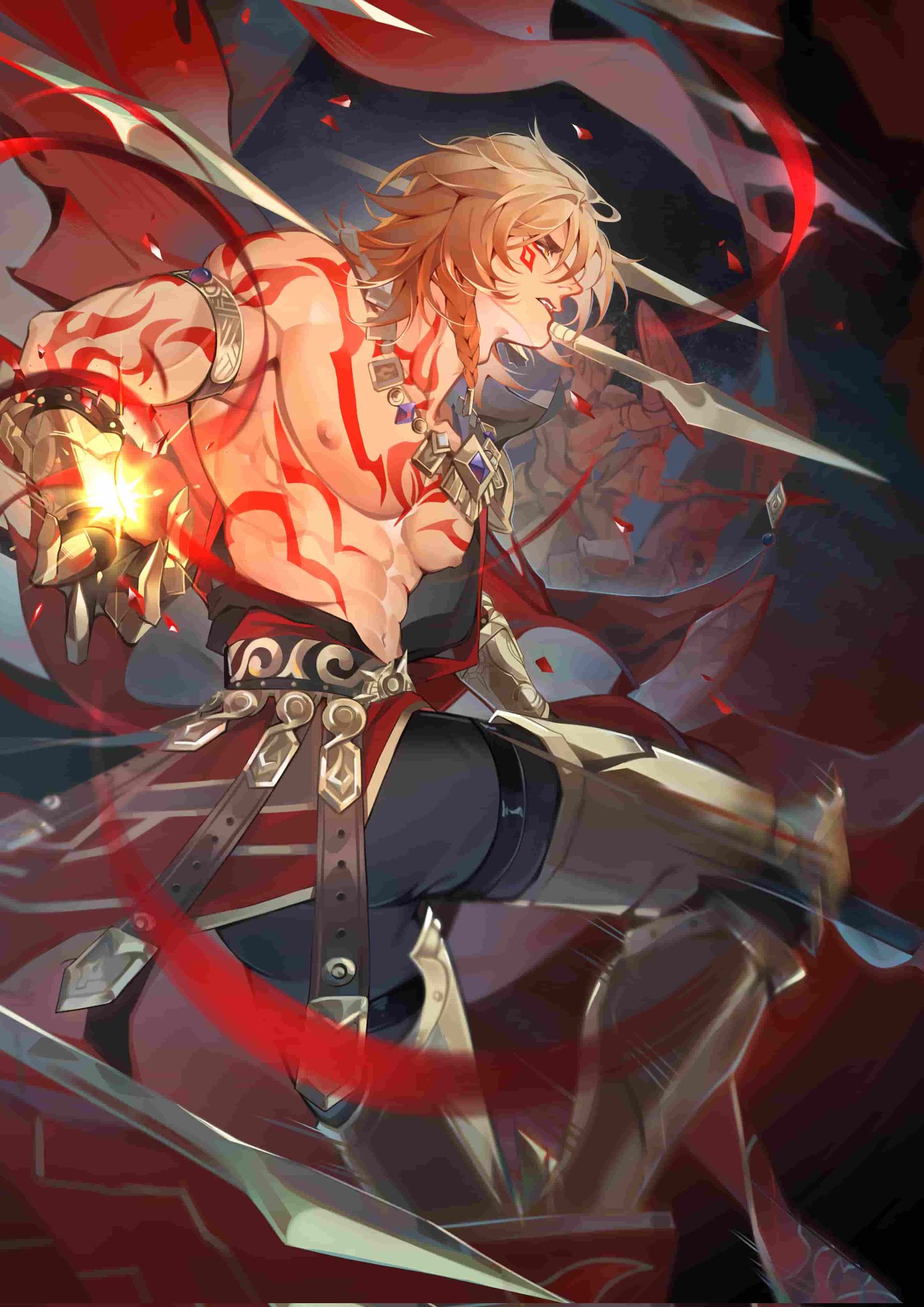 pomokat, mydei (honkai: star rail), honkai: star rail, honkai (series), commentary, english commentary, highres, 1boy, abs, arm tattoo, armlet, armored boots, black coat, black pants, blonde hair, boots, braid, chest tattoo, clawed gauntlets, coat, earrings, facial tattoo, gold earrings, gold necklace, gradient hair, jewelry, male focus, medium hair, multicolored hair, necklace, open clothes, open coat, pants, red hair, red tattoo, side braid, solo, tattoo, toned, toned male, yellow eyes